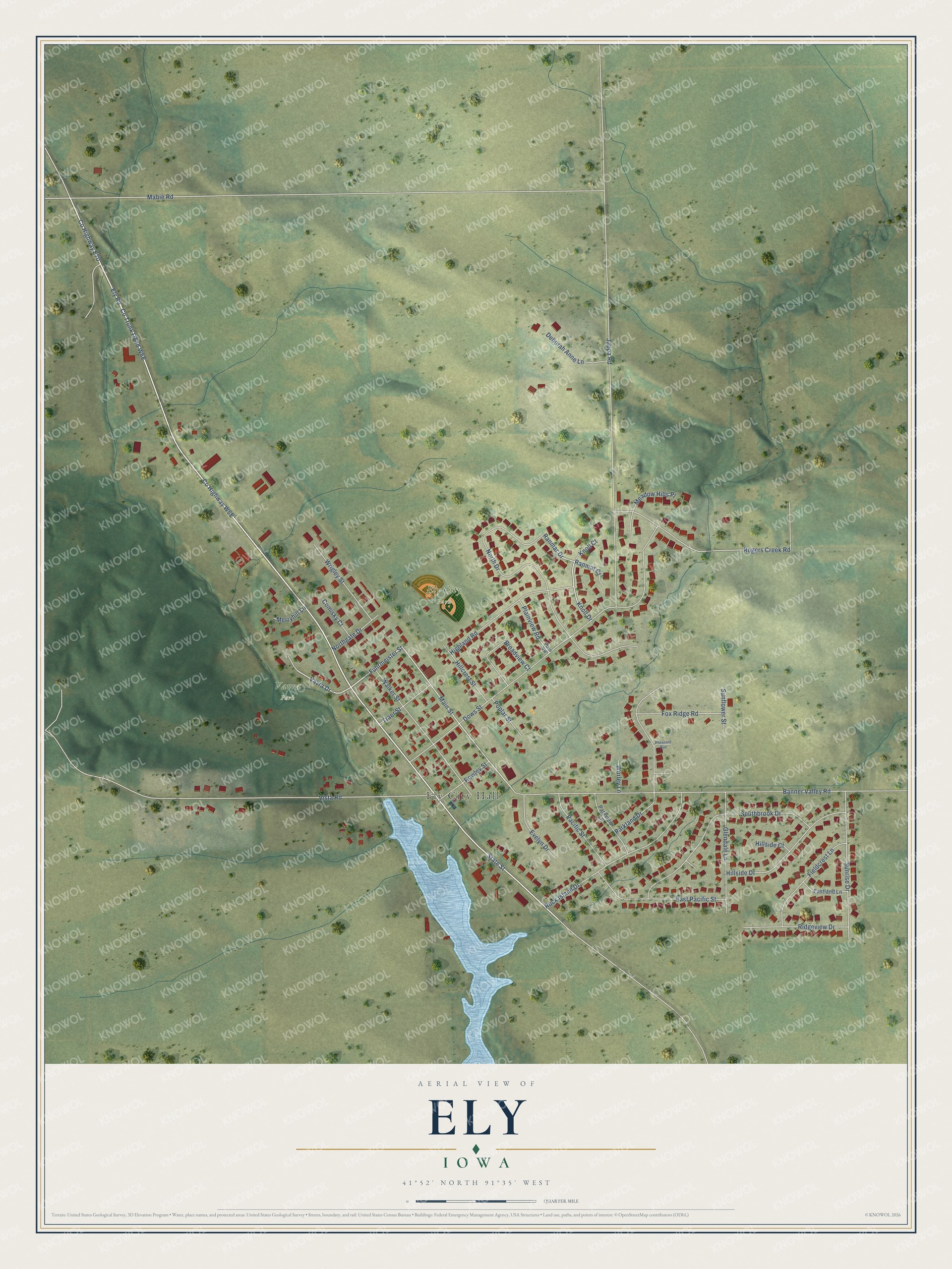 Full map of Ely, Iowa, with red buildings, printed street names and the land around them