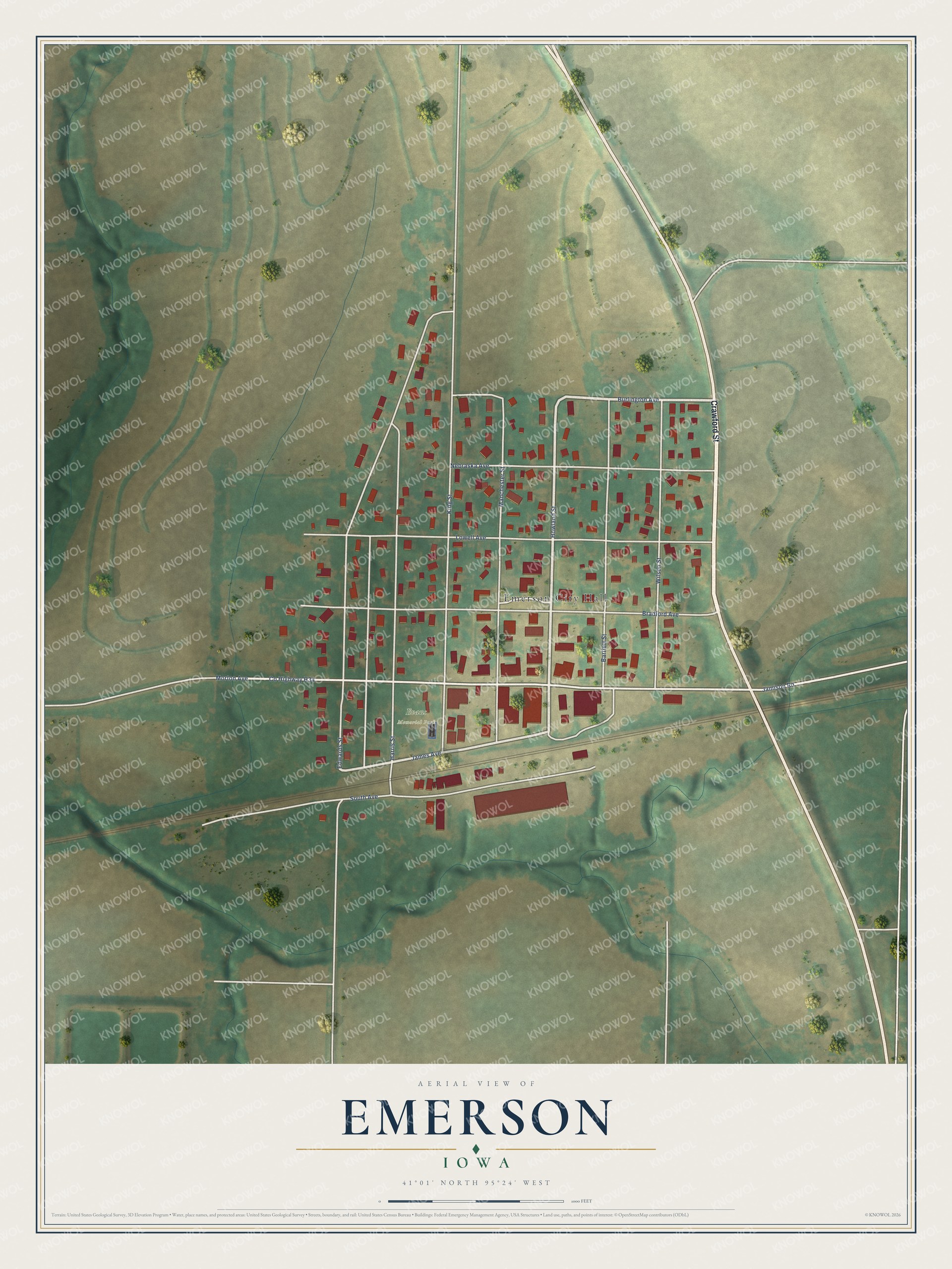 Full map of Emerson, Iowa, with red buildings, printed street names and the land around them