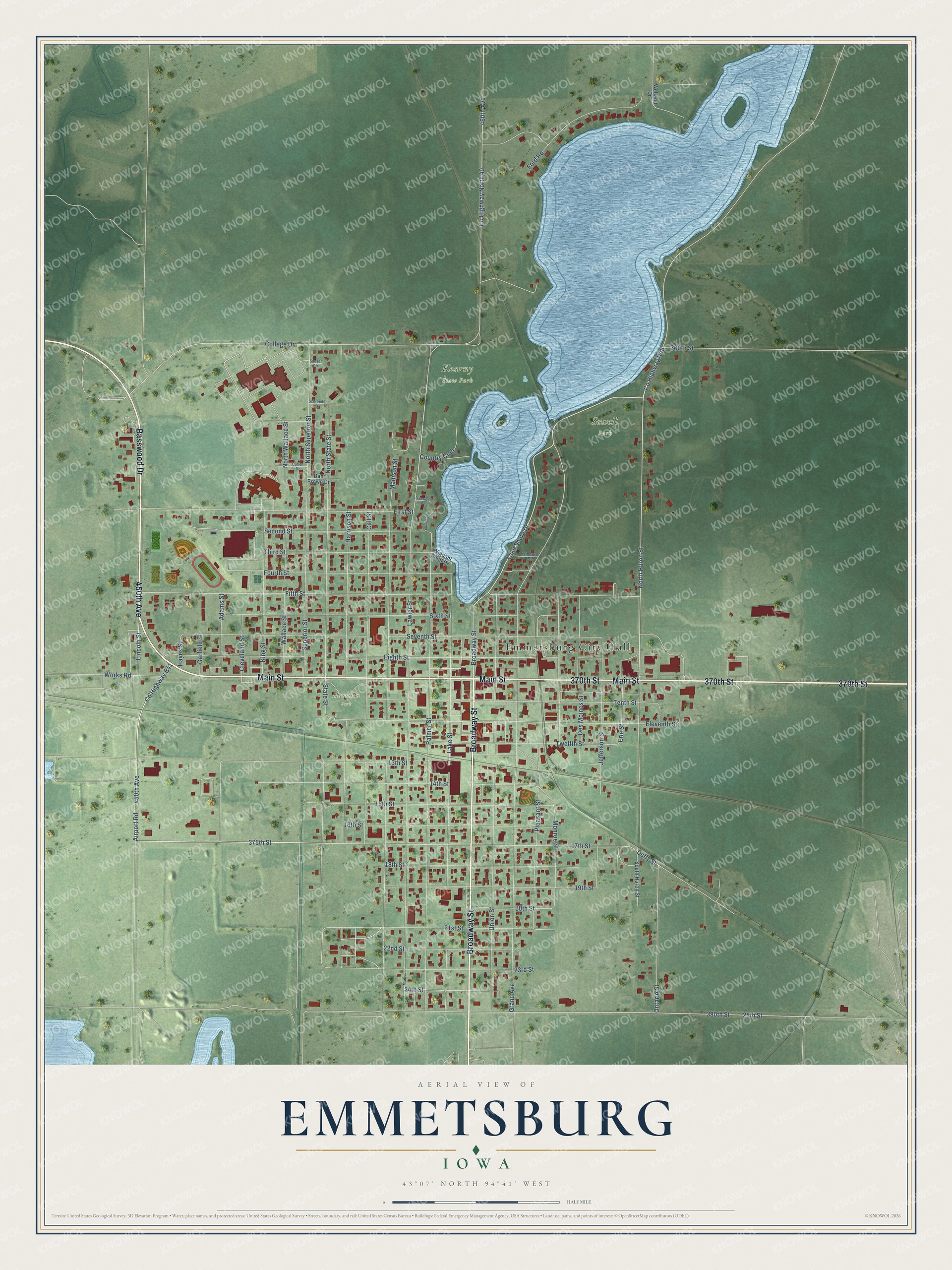 Full map of Emmetsburg, Iowa, with red buildings, printed street names and the land around them