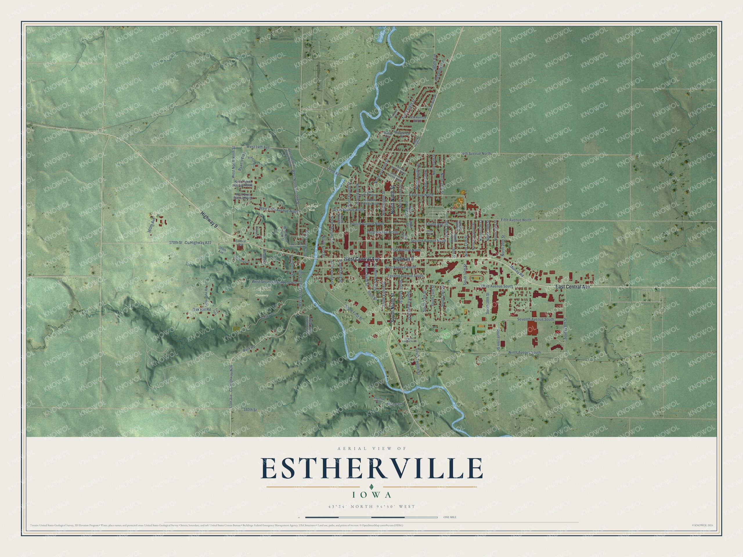 Full map of Estherville, Iowa, with red buildings, printed street names and the land around them