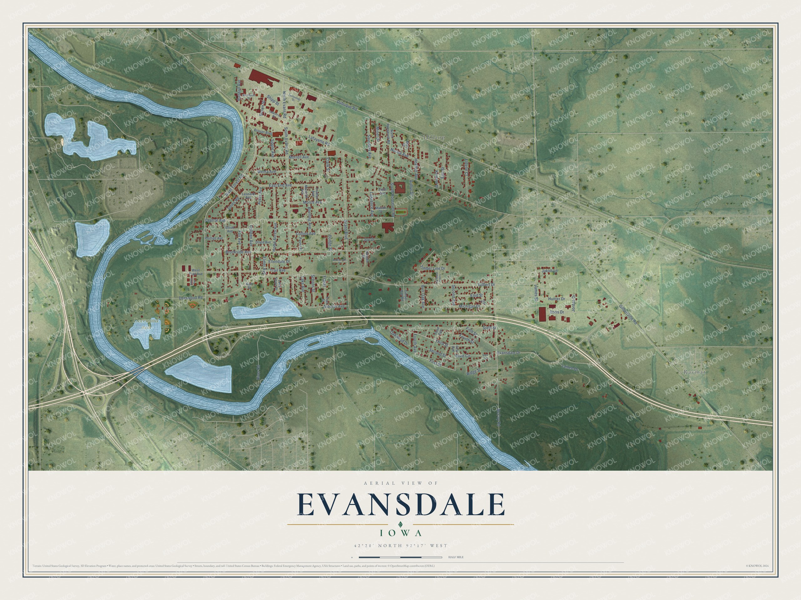 Watermarked full-map preview of Evansdale, Iowa