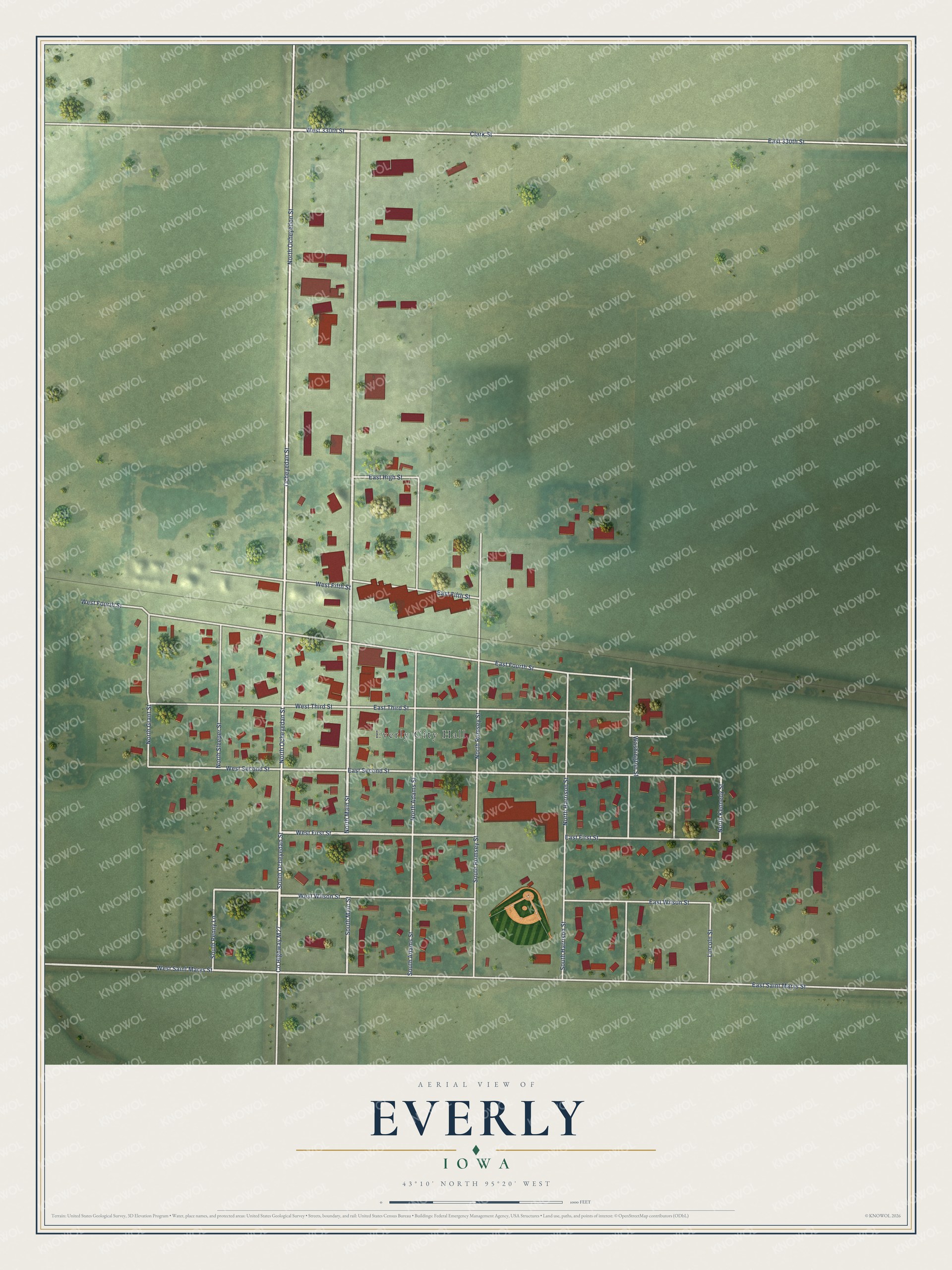 Full map of Everly, Iowa, with red buildings, printed street names and the land around them