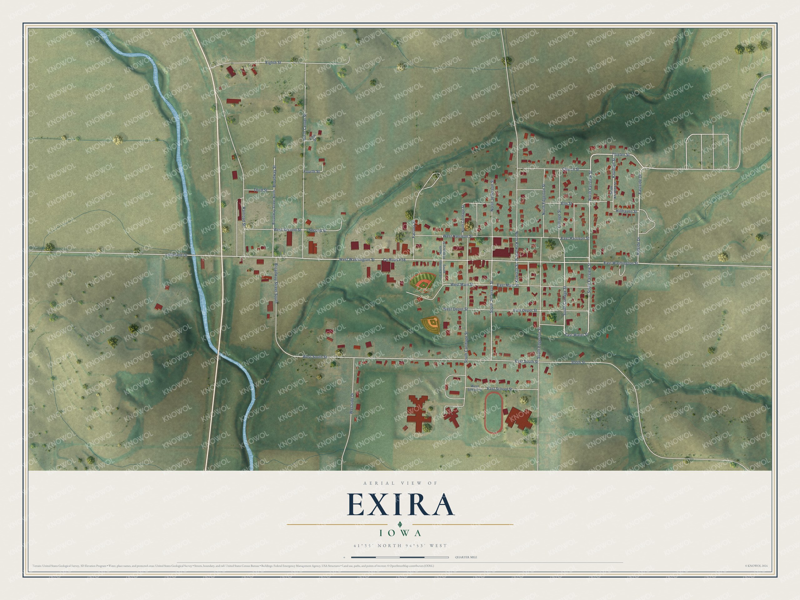 Full map of Exira, Iowa, with red buildings, printed street names and the land around them