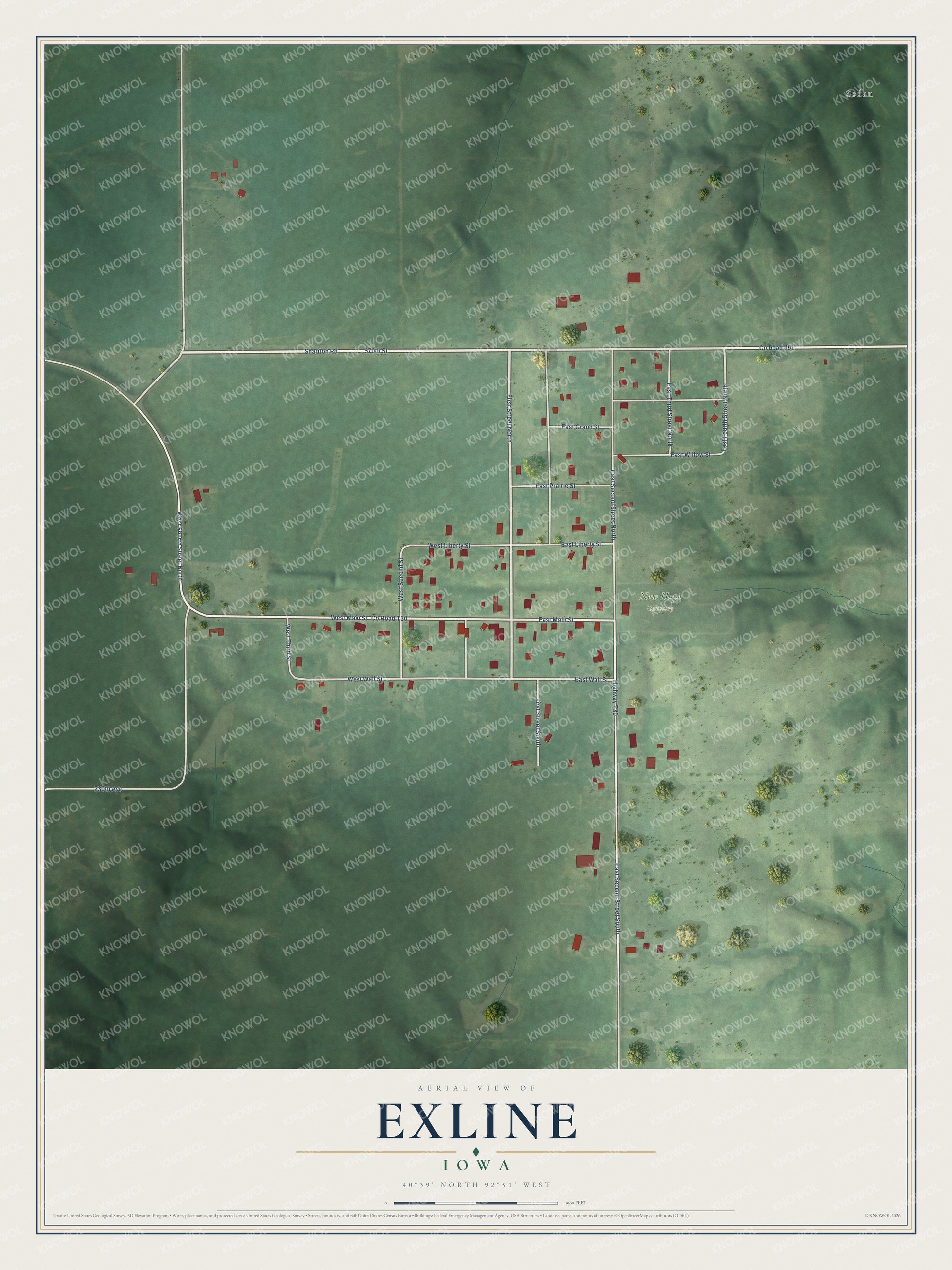 Full map of Exline, Iowa, with red buildings, printed street names and the land around them