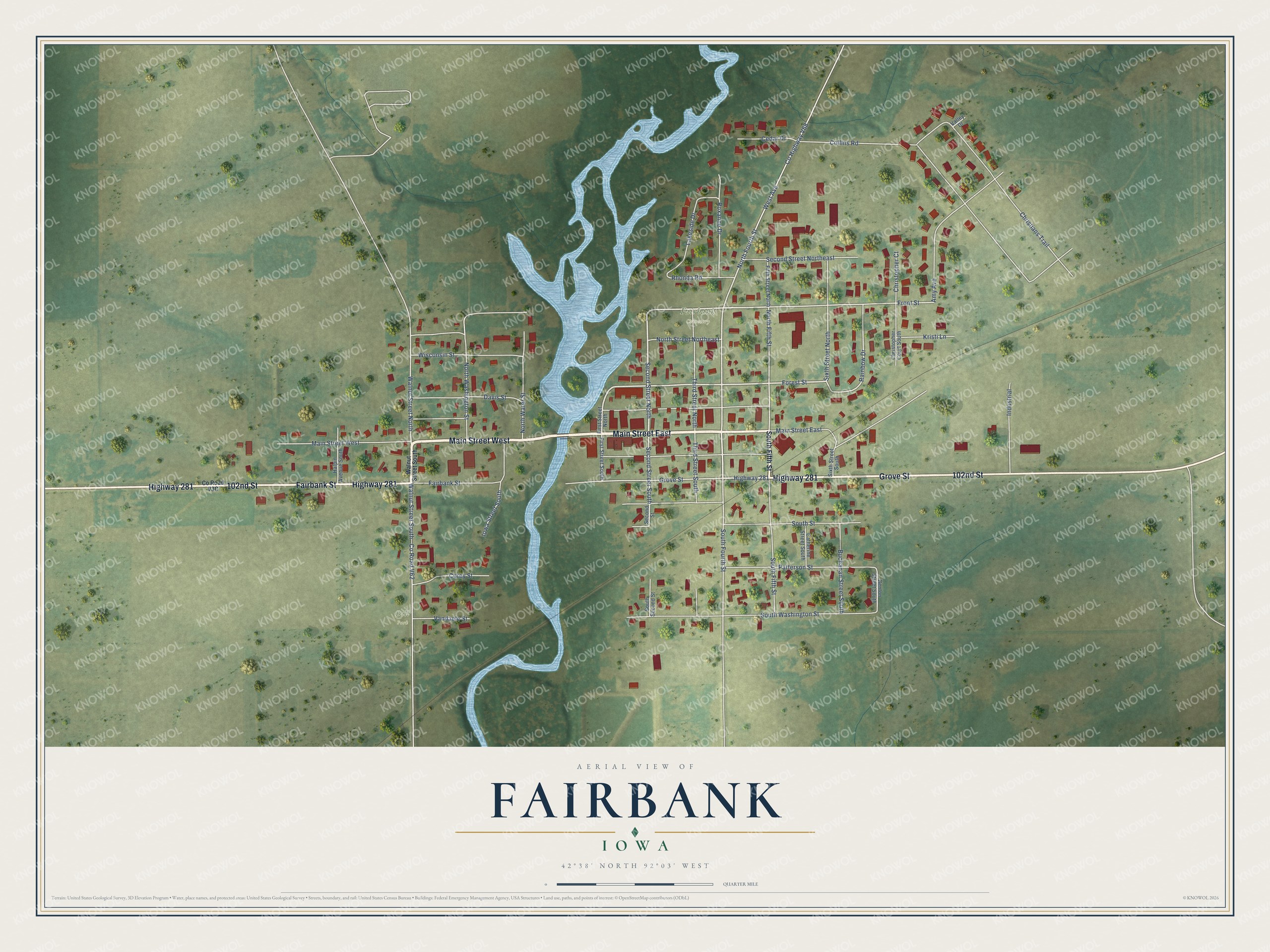 Full map of Fairbank, Iowa, with red buildings, printed street names and the land around them