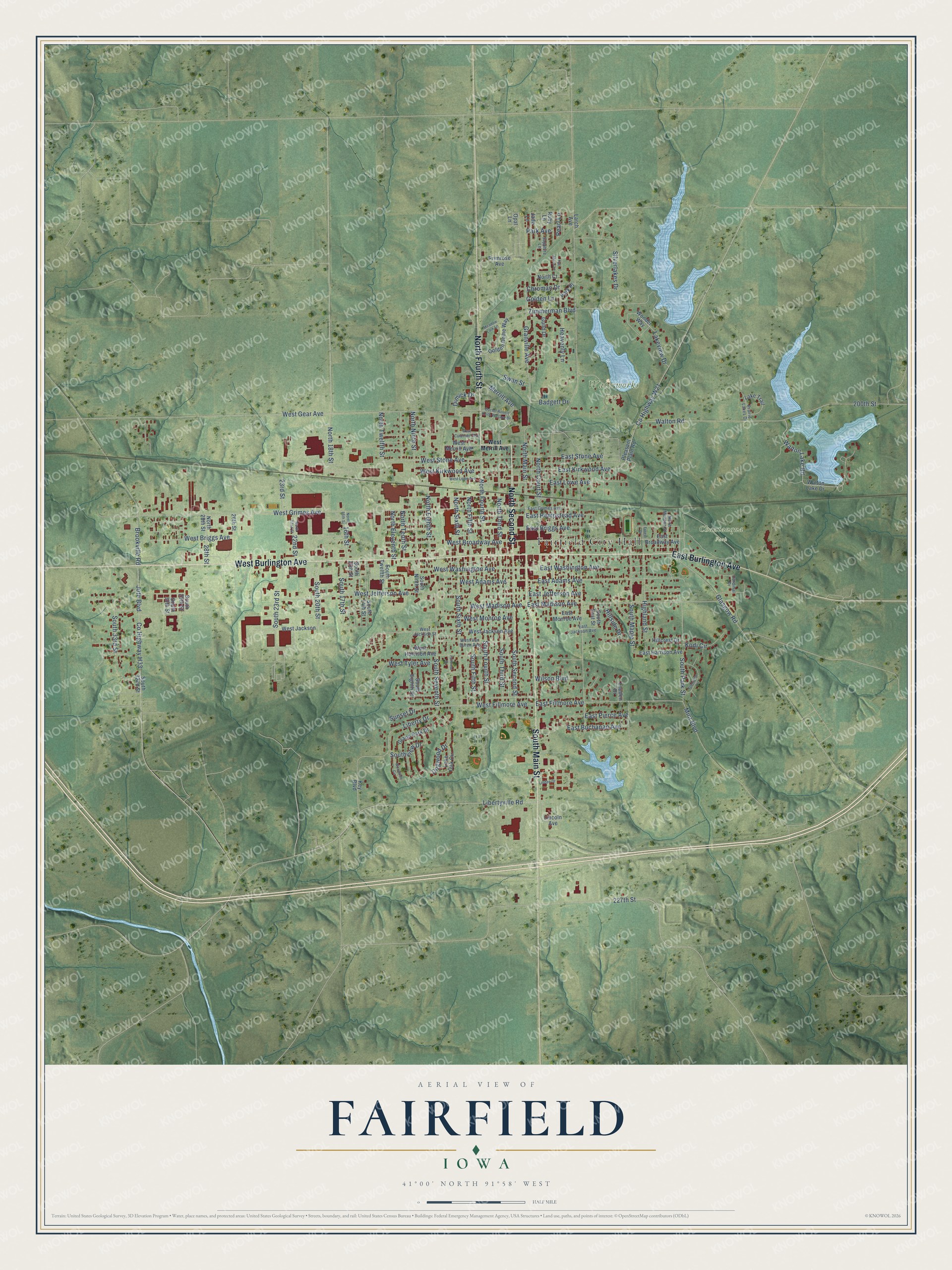 Full map of Fairfield, Iowa, with red buildings, printed street names and the land around them
