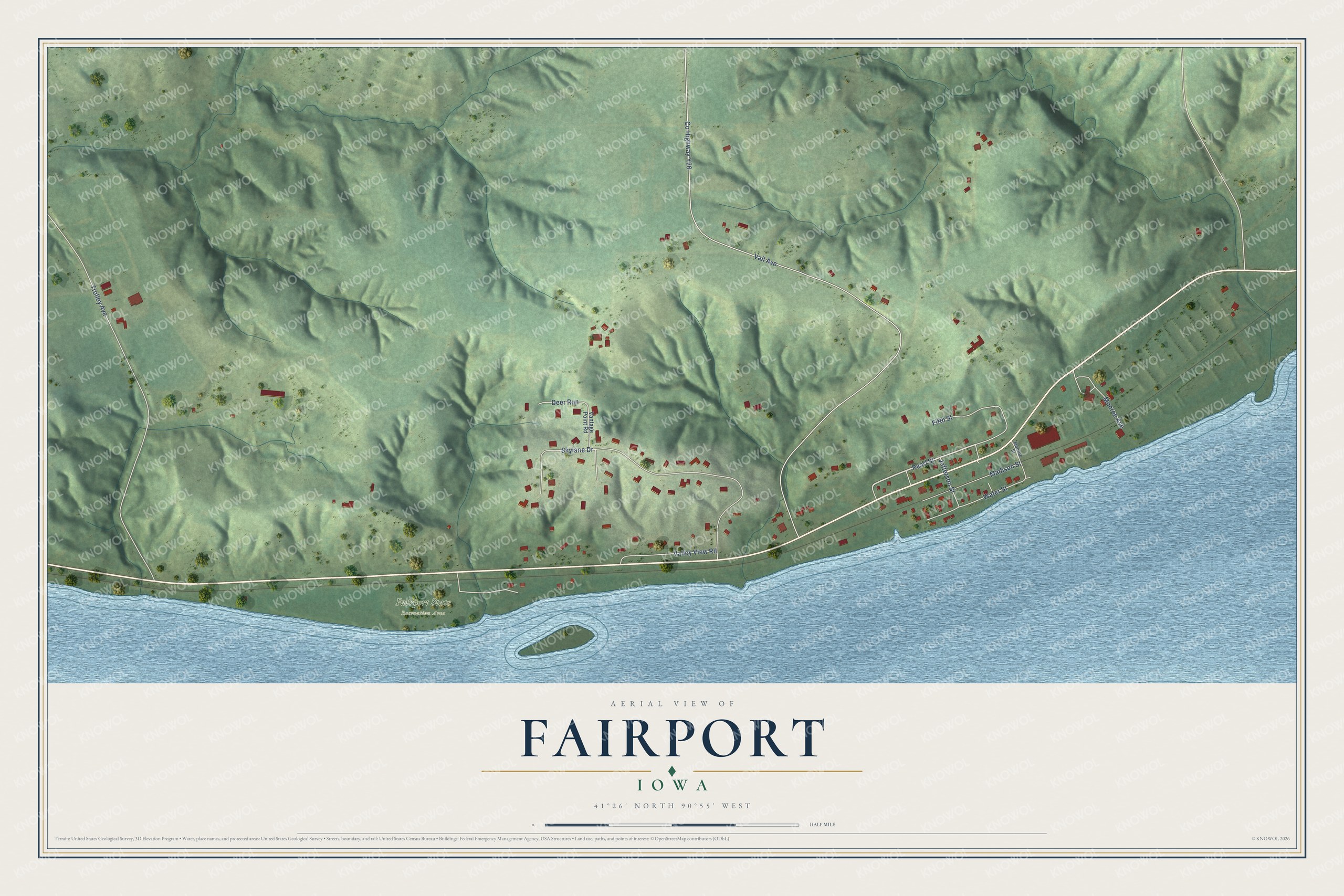 Full map of Fairport, Iowa, with red buildings, printed street names and the land around them
