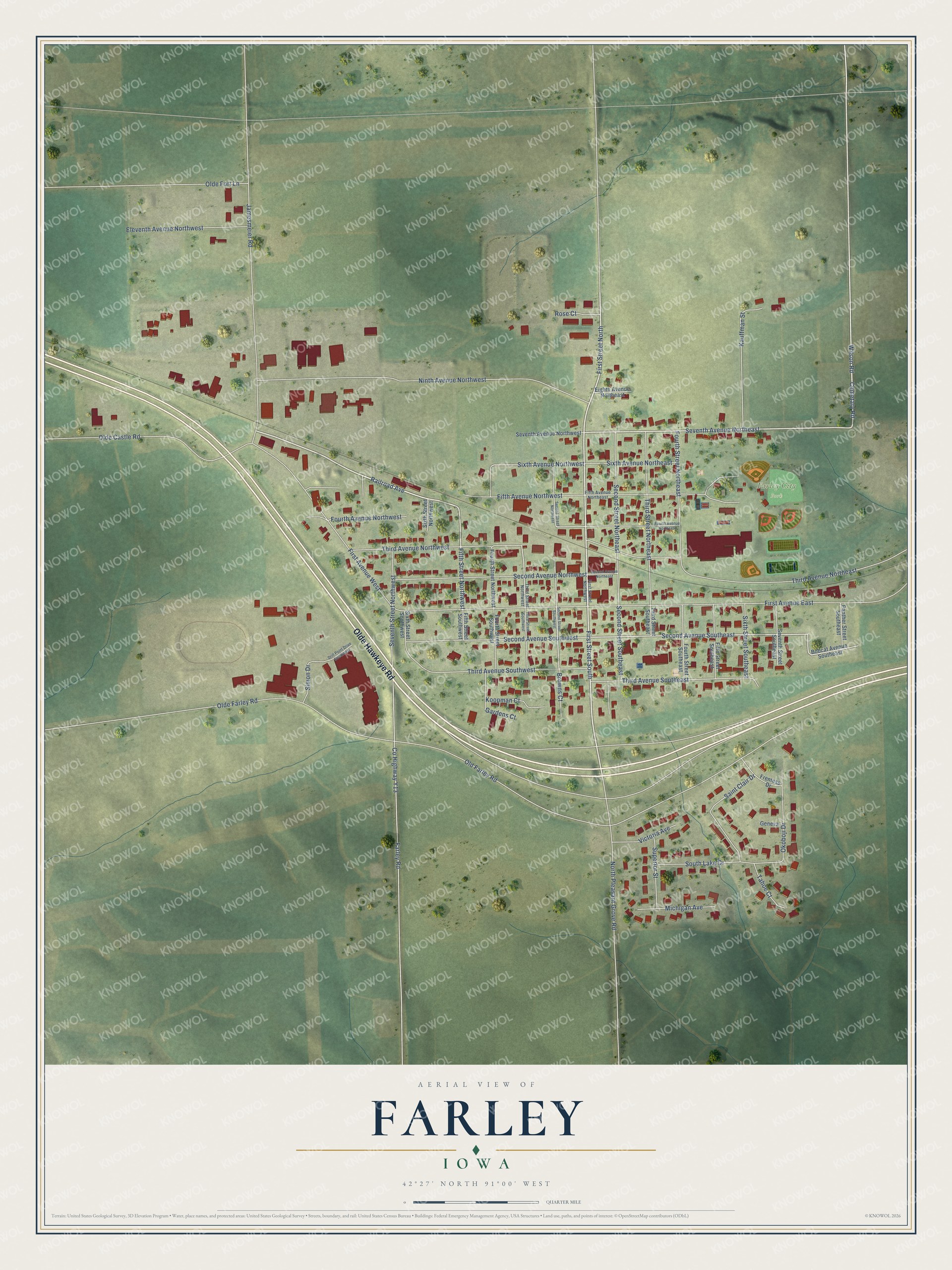 Full map of Farley, Iowa, with red buildings, printed street names and the land around them