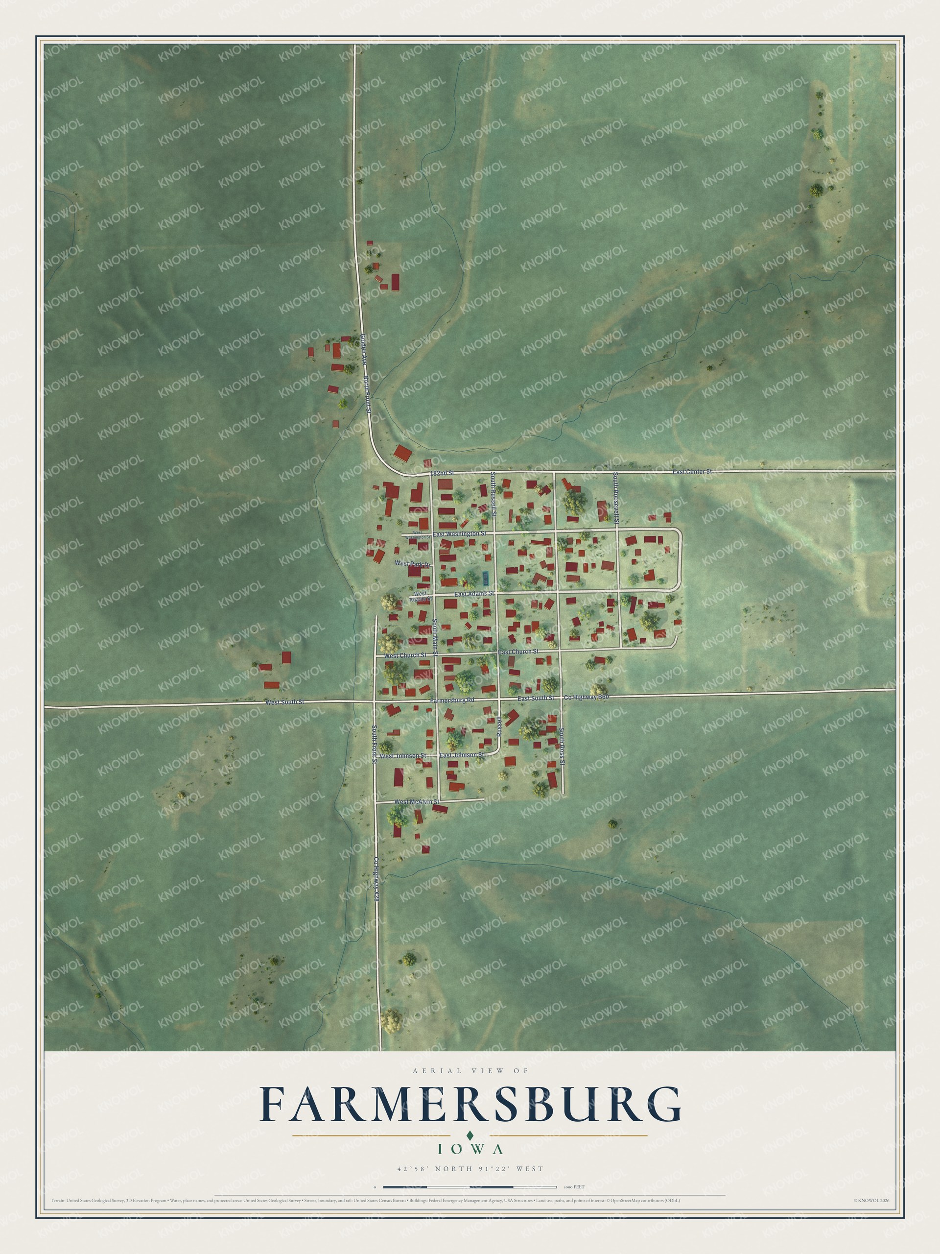 Full map of Farmersburg, Iowa, with red buildings, printed street names and the land around them