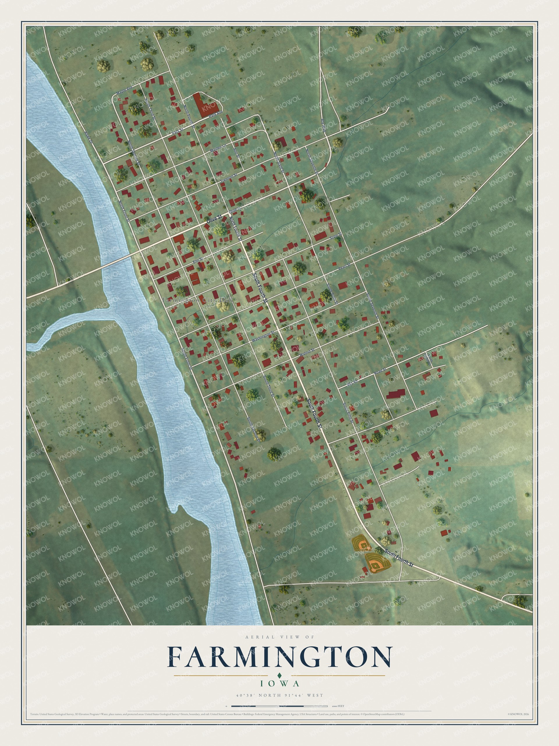 Full map of Farmington, Iowa, with red buildings, printed street names and the land around them