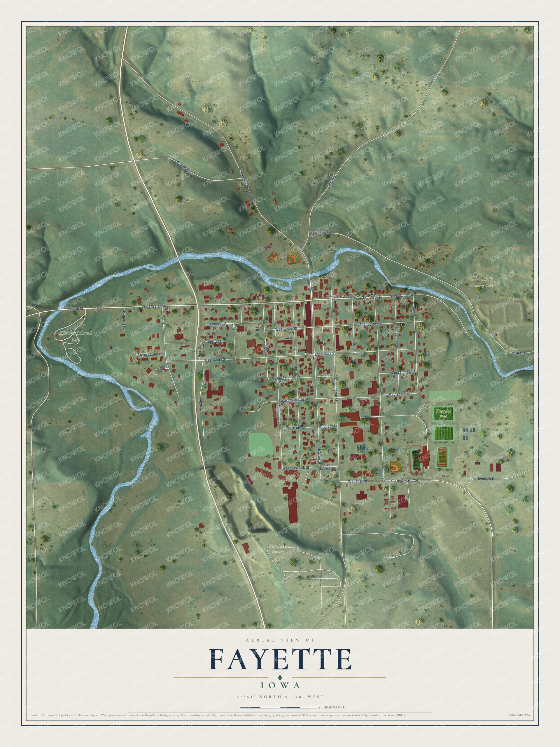 Full map of Fayette, Iowa, with red buildings, printed street names and the land around them
