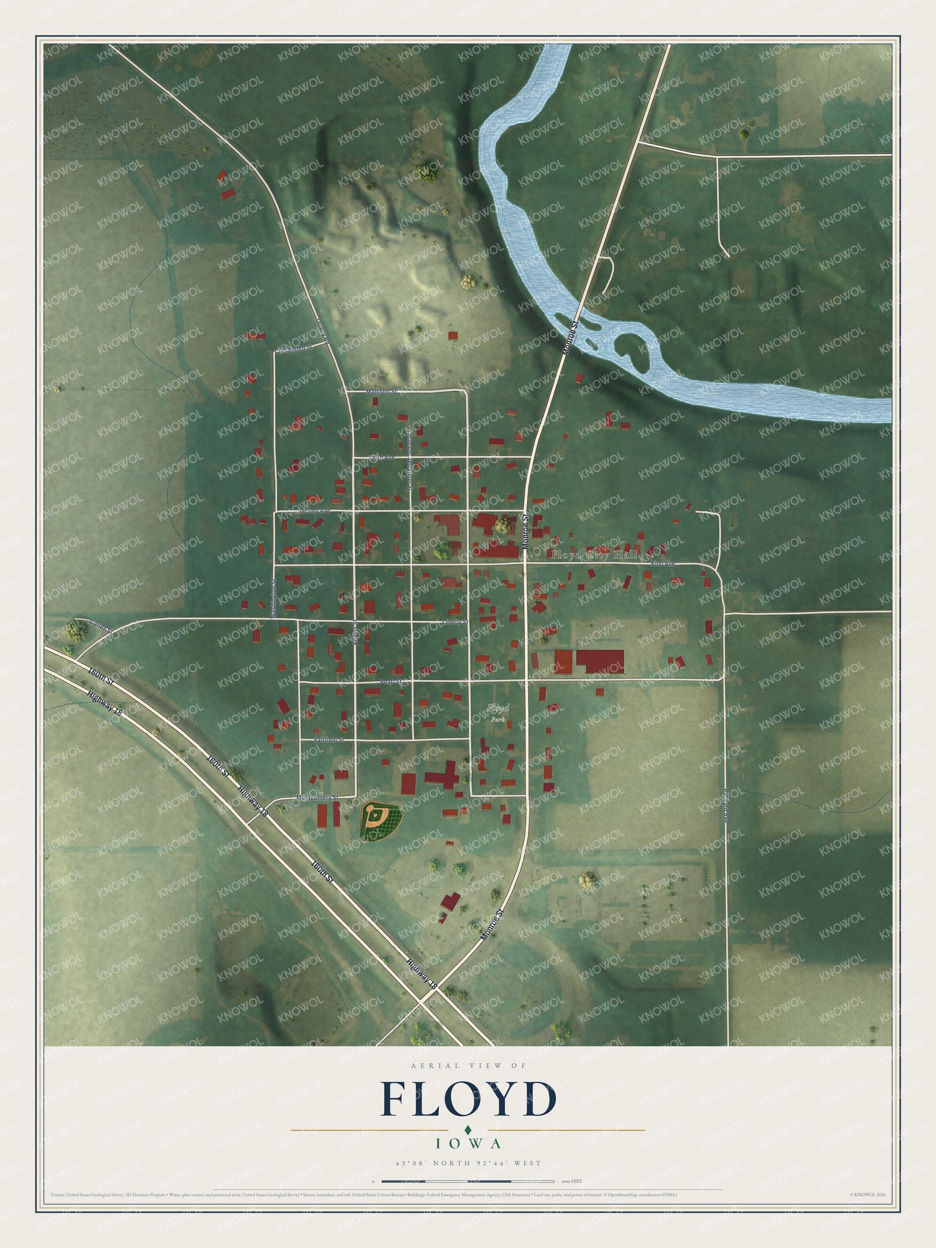 Full map of Floyd, Iowa, with red buildings, printed street names and the land around them