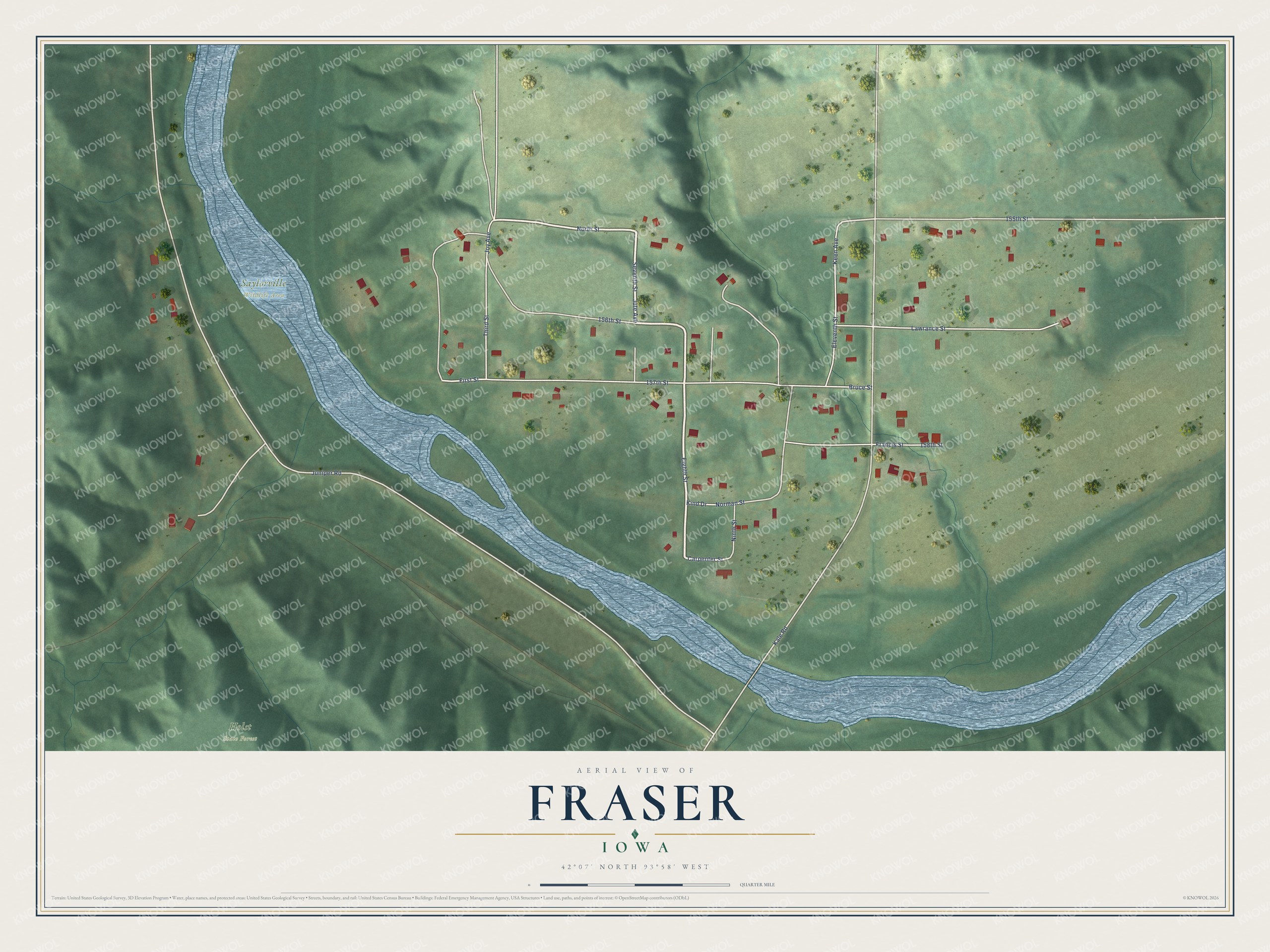Full map of Fraser, Iowa, with red buildings, printed street names and the land around them