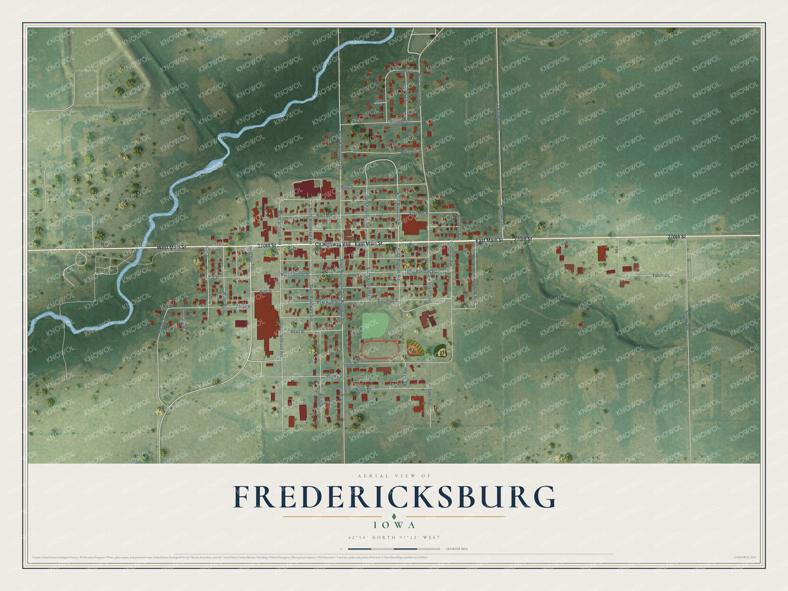 Watermarked full-map preview of Fredericksburg, Iowa