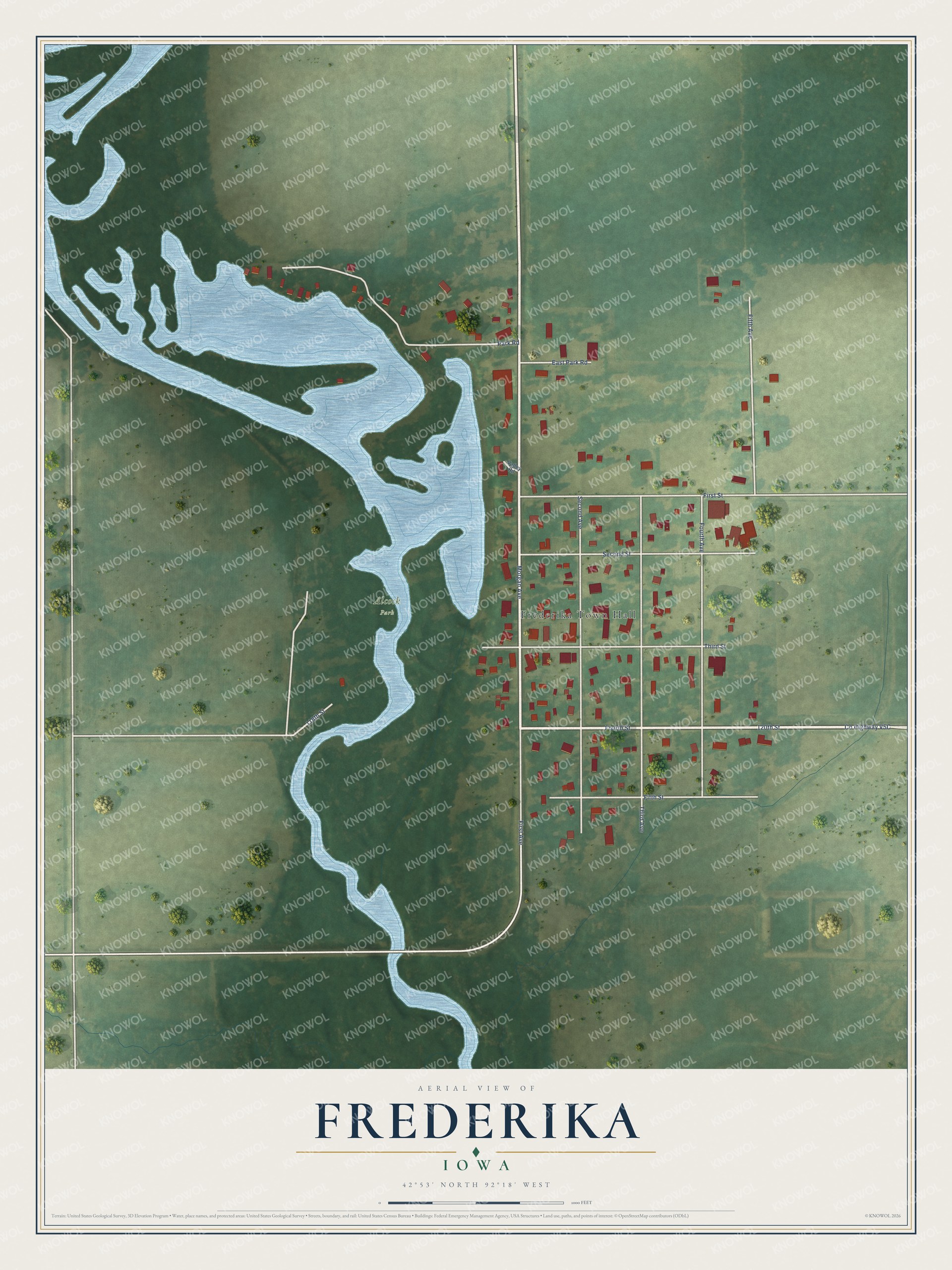 Full map of Frederika, Iowa, with red buildings, printed street names and the land around them