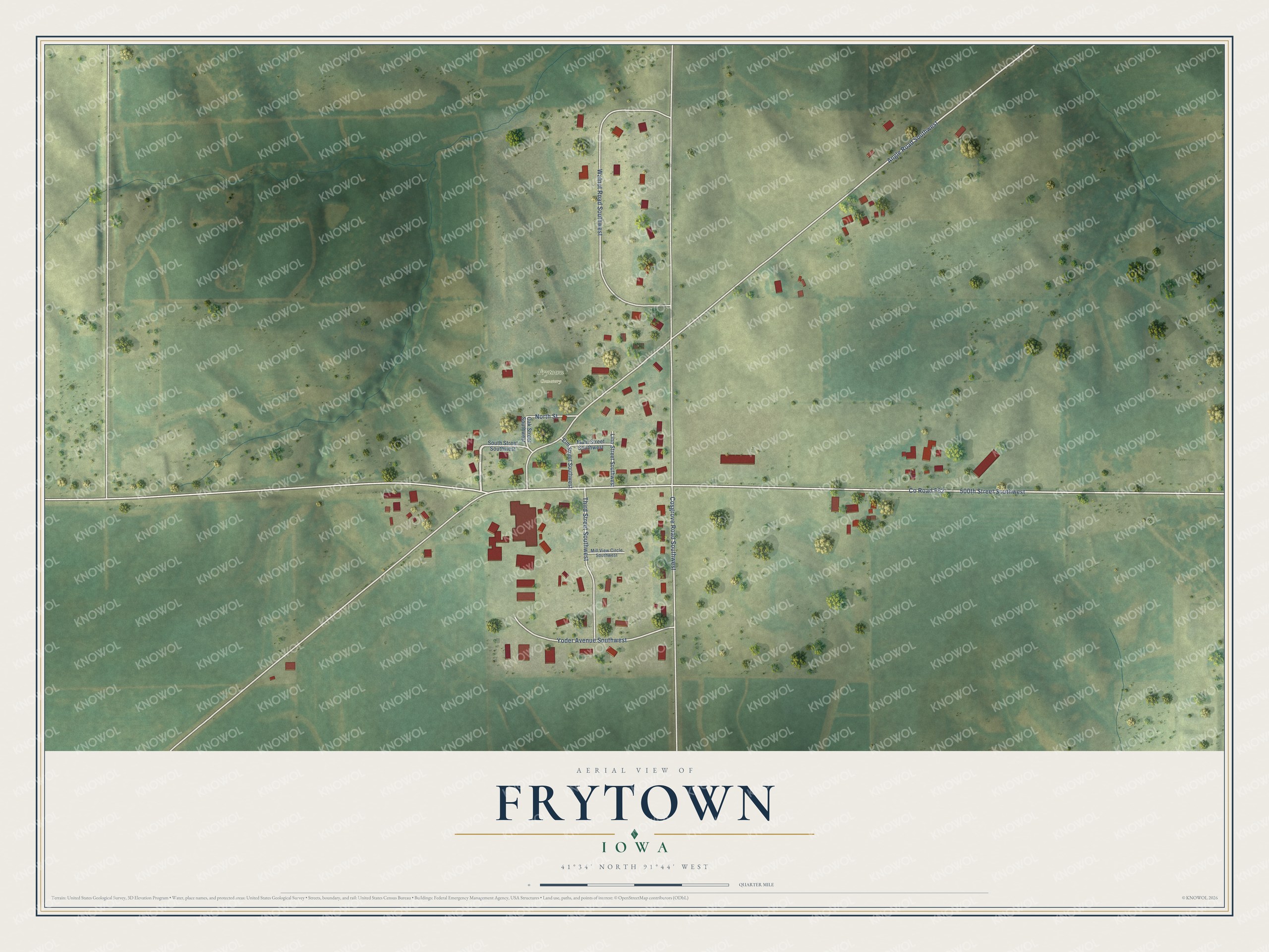 Full map of Frytown, Iowa, with red buildings, printed street names and the land around them