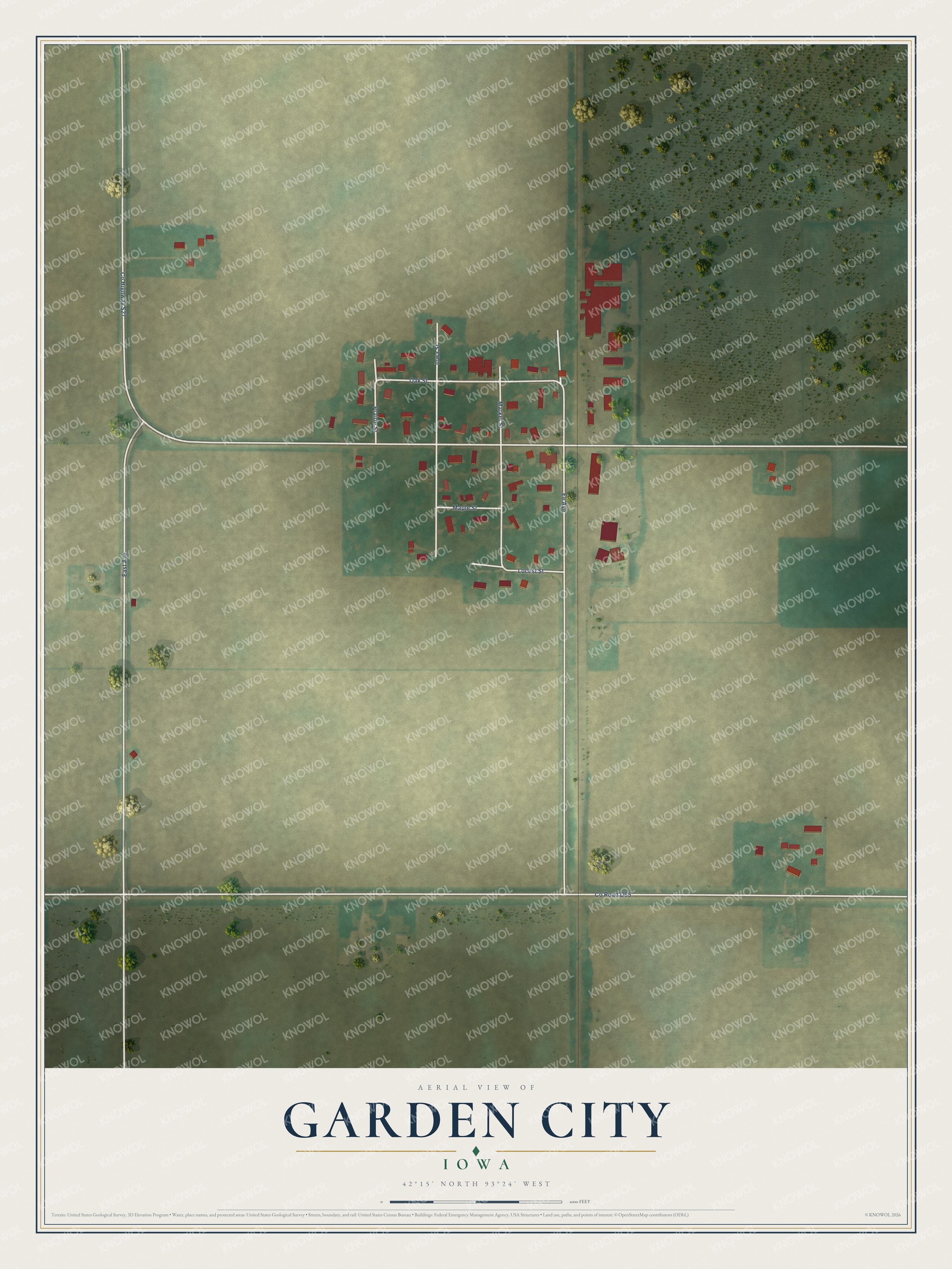 Full map of Garden City, Iowa, with red buildings, printed street names and the land around them