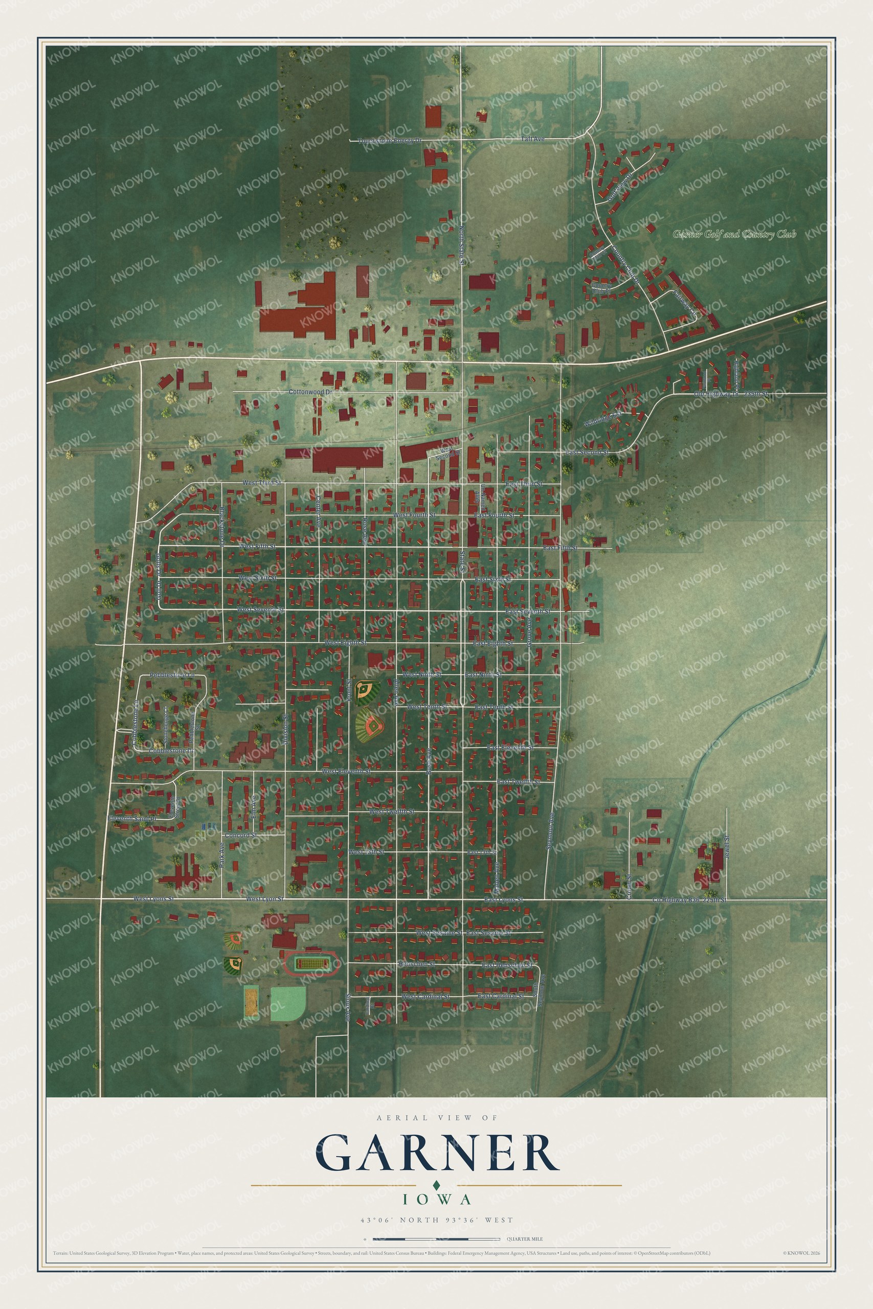 Full map of Garner, Iowa, with red buildings, printed street names and the land around them