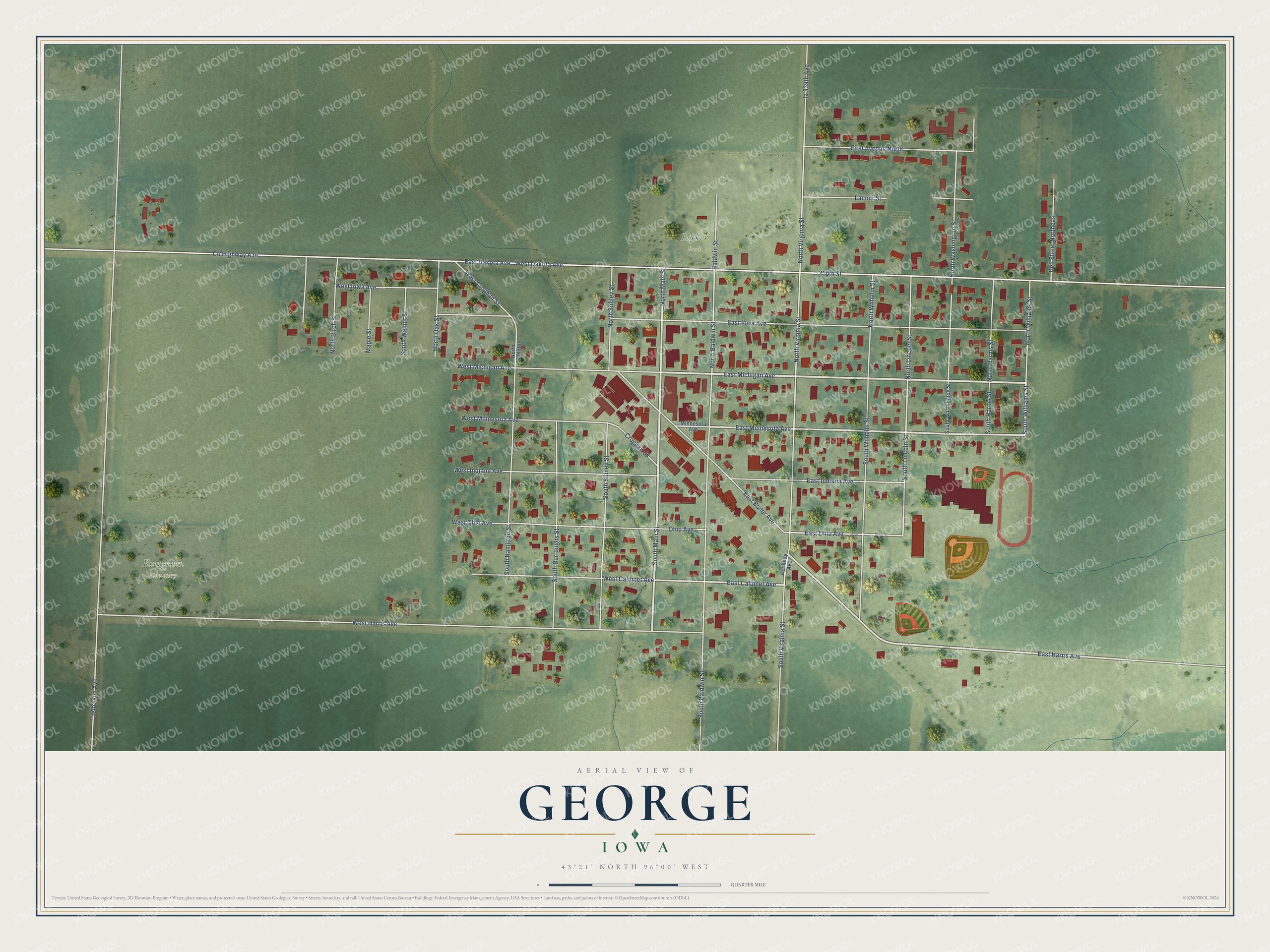 Full map of George, Iowa, with red buildings, printed street names and the land around them