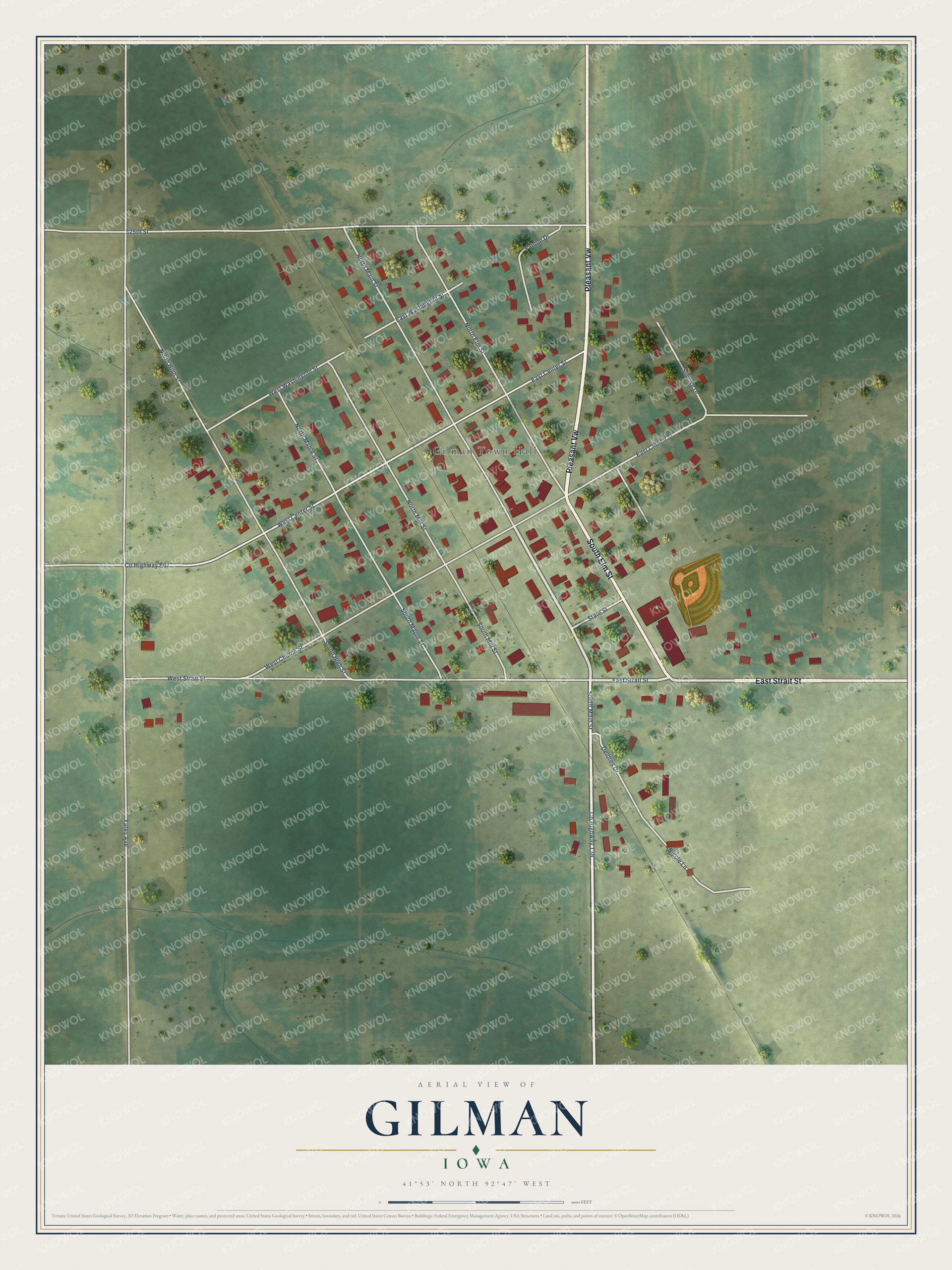 Full map of Gilman, Iowa, with red buildings, printed street names and the land around them