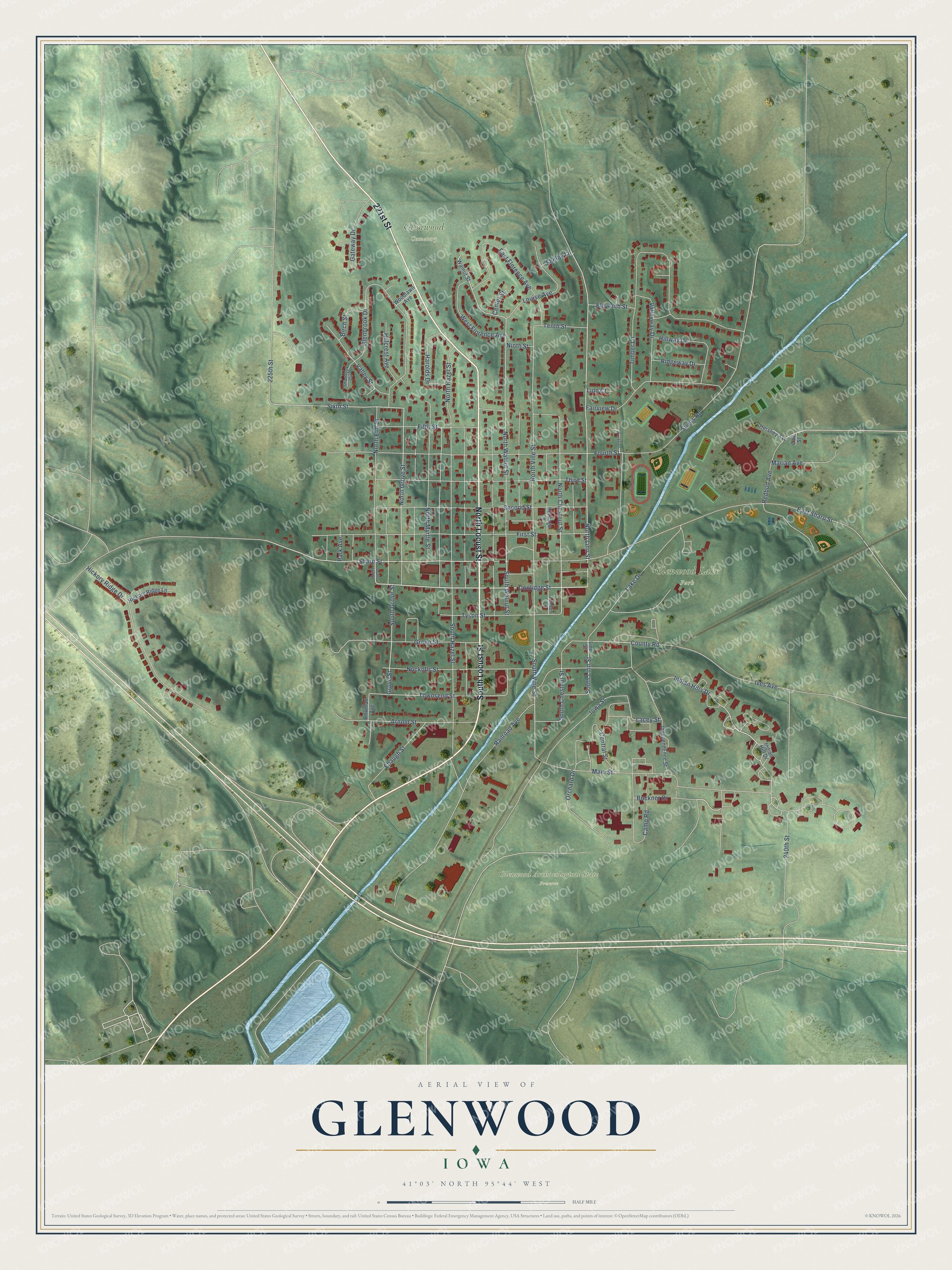 Full map of Glenwood, Iowa, with red buildings, printed street names and the land around them