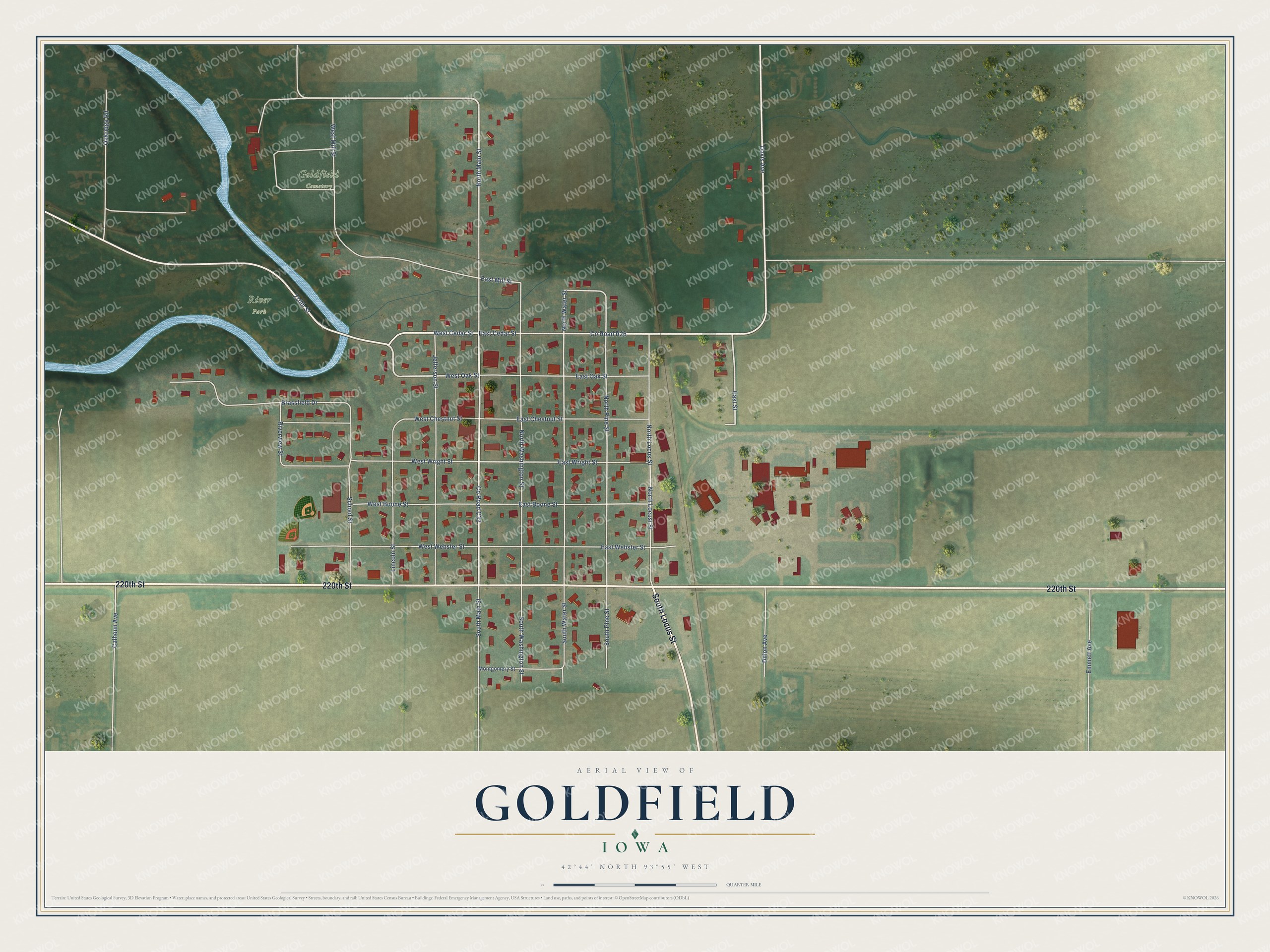 Full map of Goldfield, Iowa, with red buildings, printed street names and the land around them
