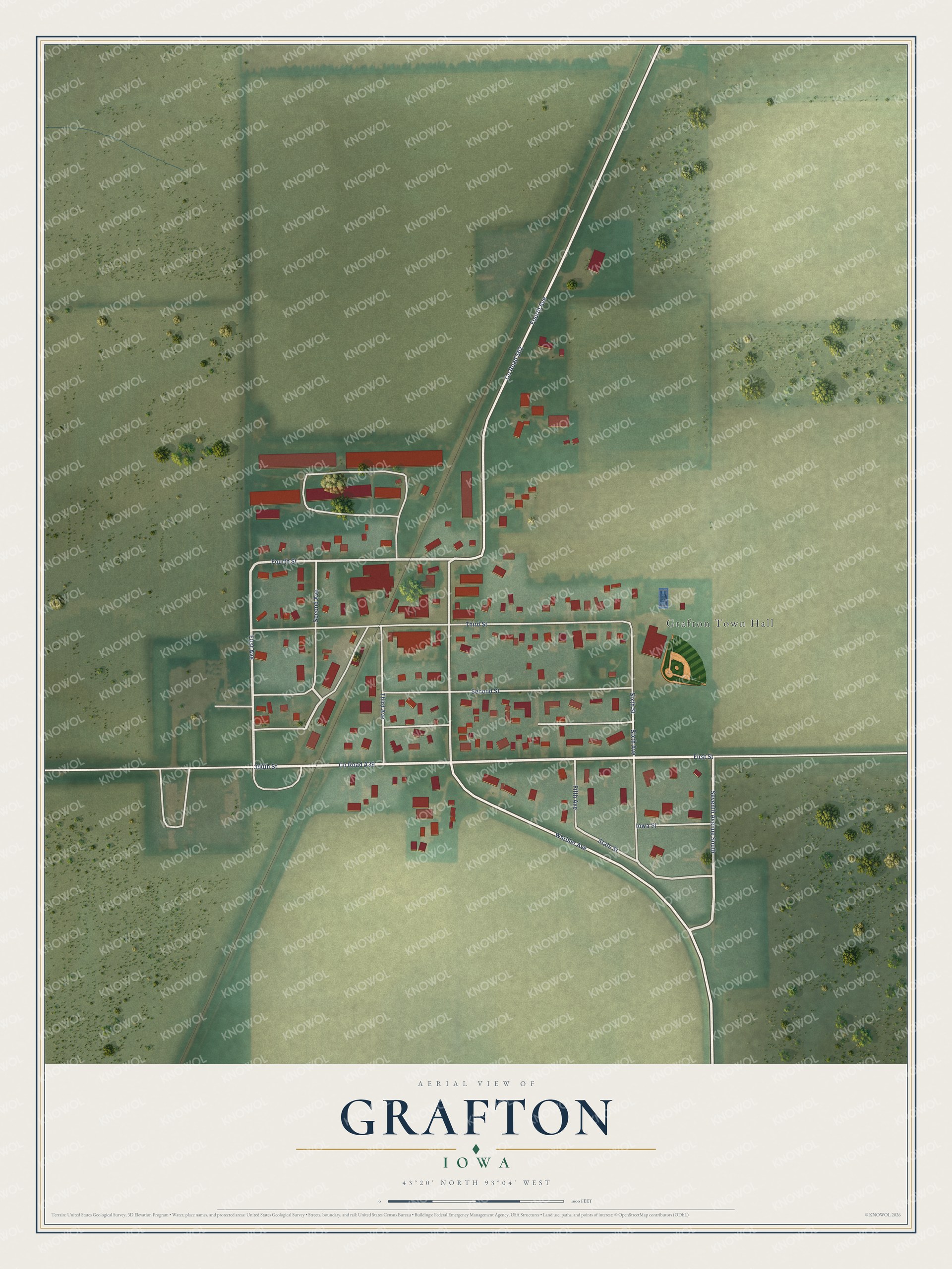 Full map of Grafton, Iowa, with red buildings, printed street names and the land around them