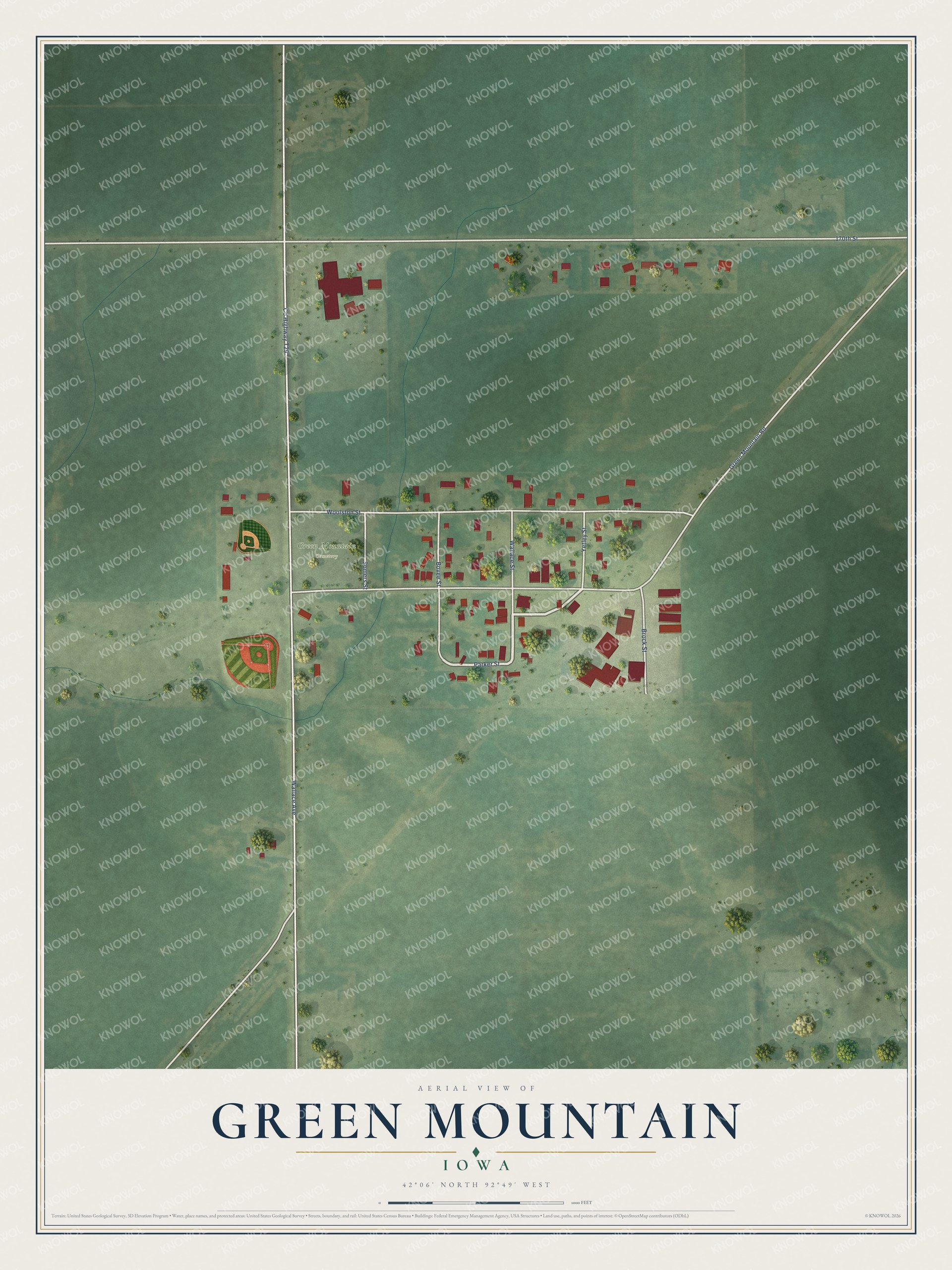 Full map of Green Mountain, Iowa, with red buildings, printed street names and the land around them