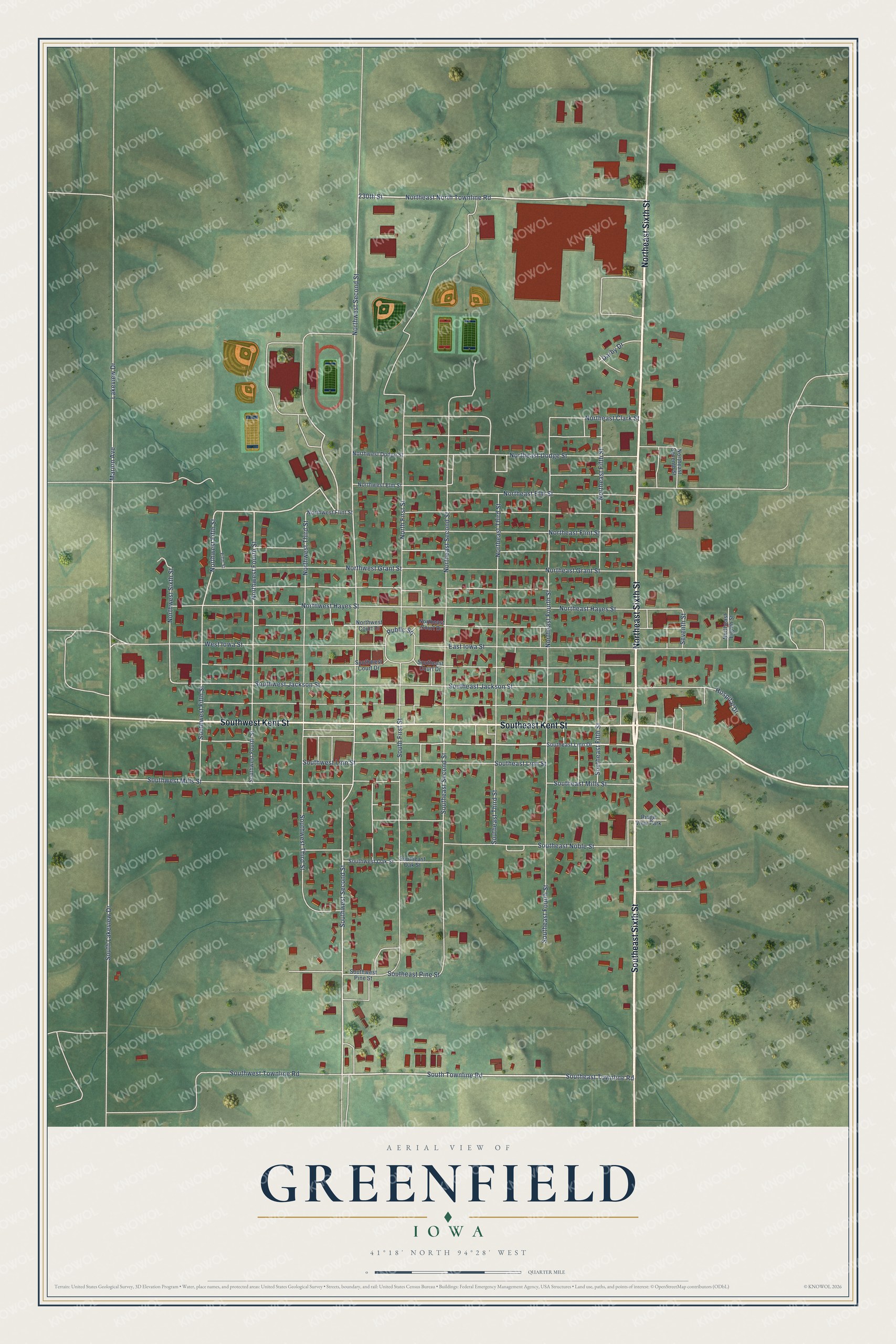 Full map of Greenfield, Iowa, with red buildings, printed street names and the land around them