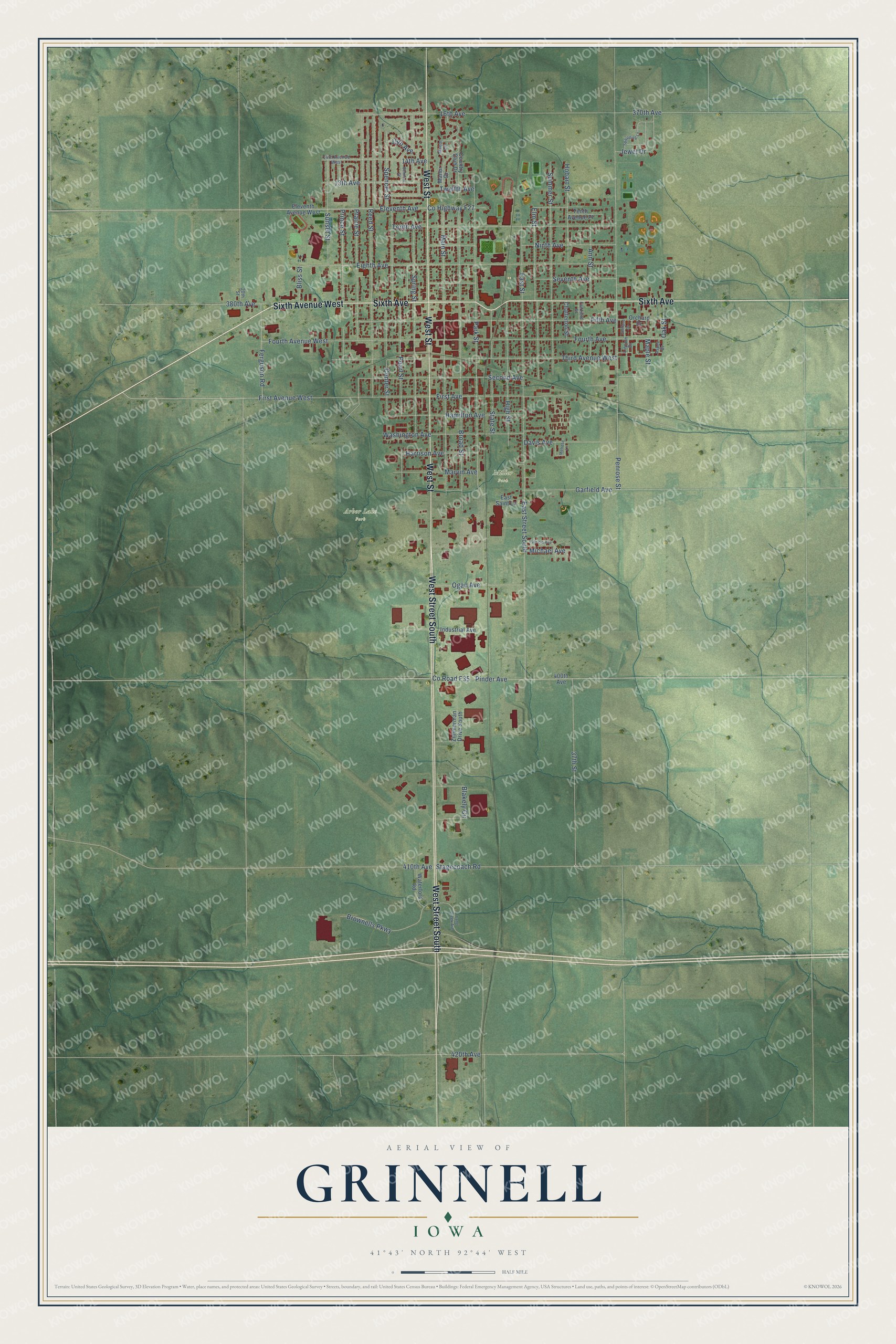 Full map of Grinnell, Iowa, with red buildings, printed street names and the land around them