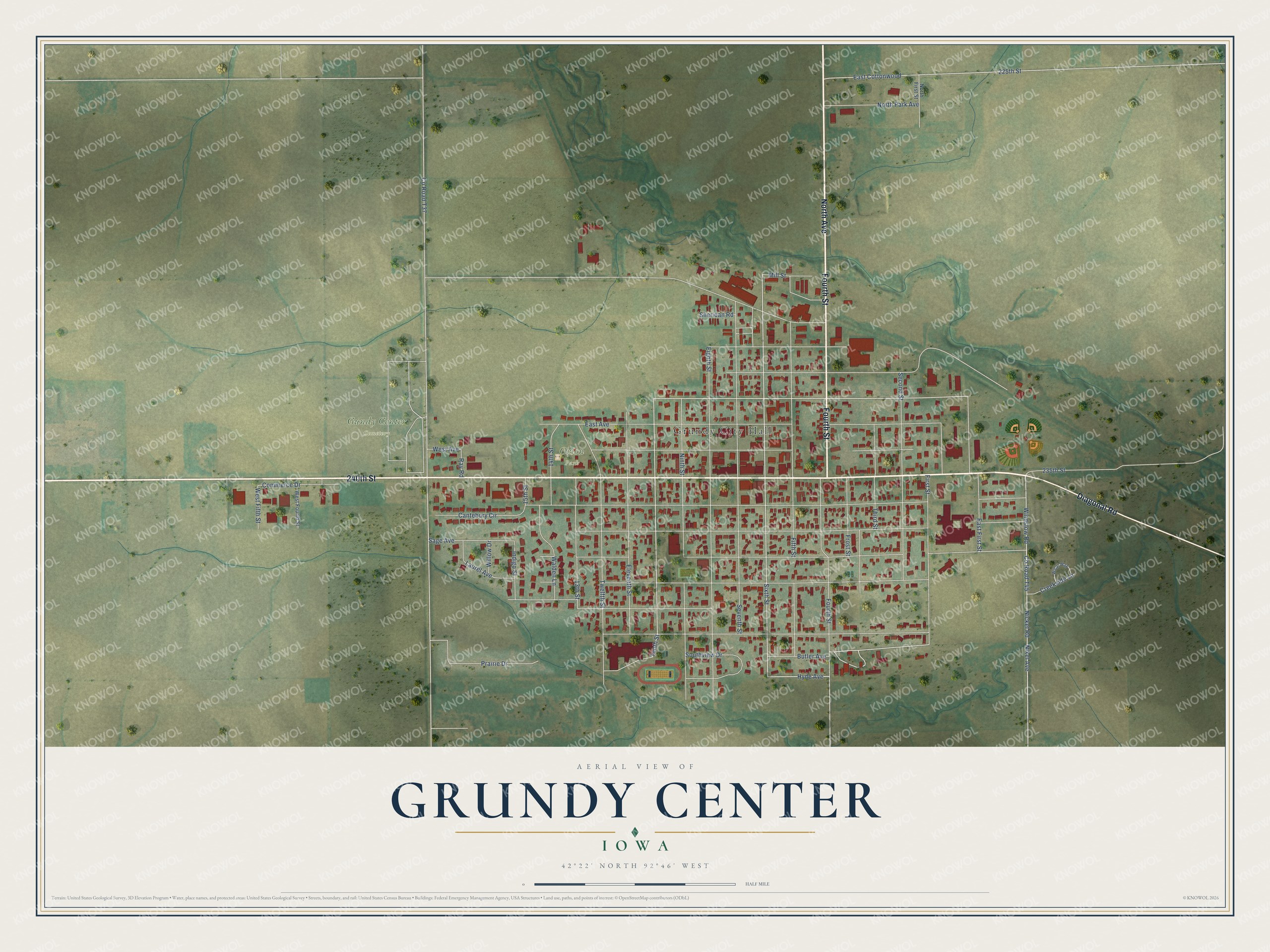 Full map of Grundy Center, Iowa, with red buildings, printed street names and the land around them