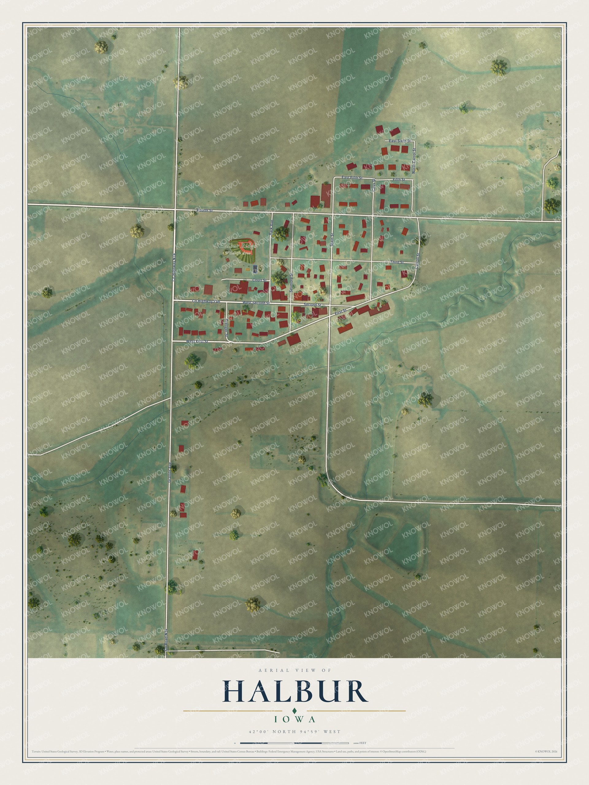 Full map of Halbur, Iowa, with red buildings, printed street names and the land around them