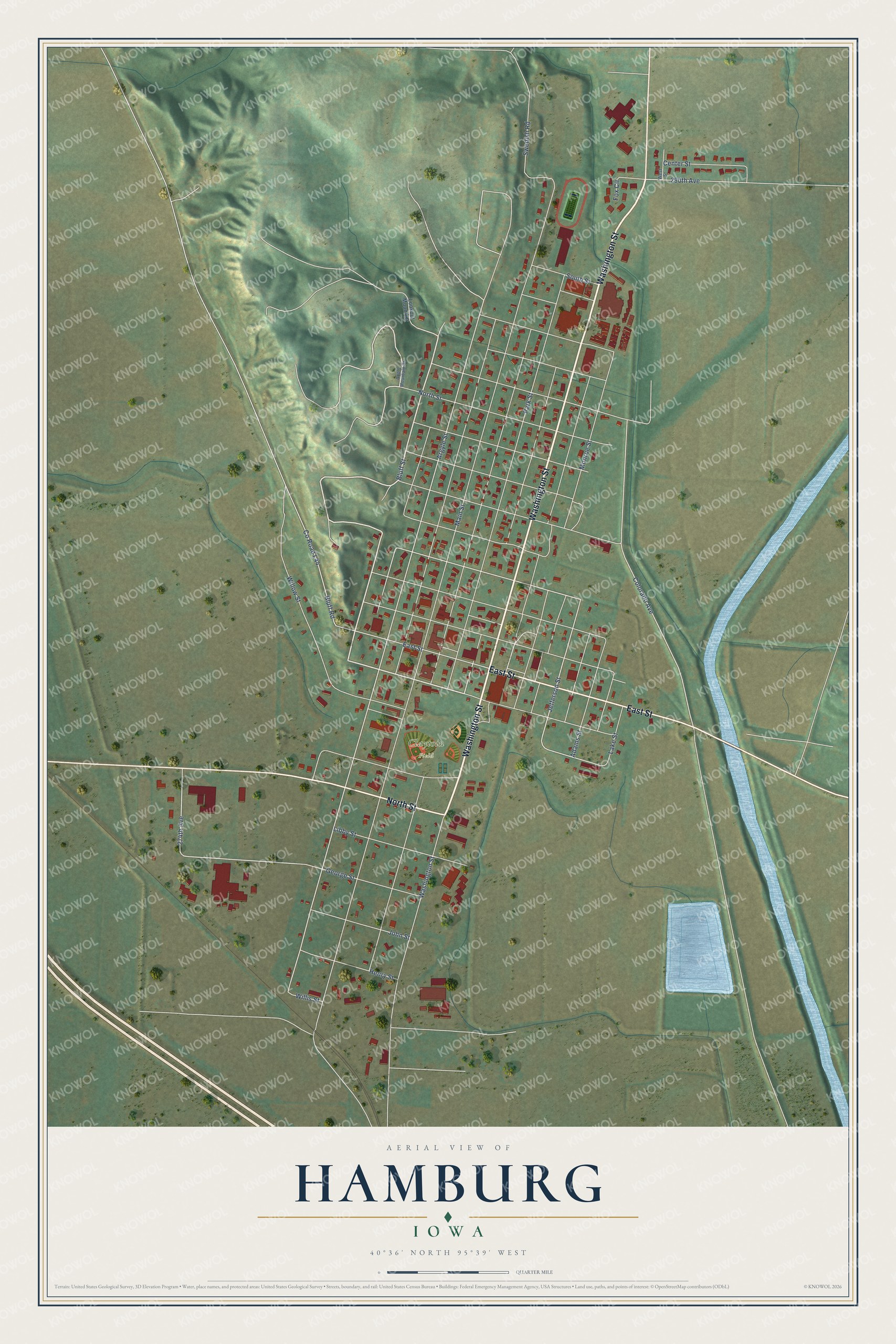 Full map of Hamburg, Iowa, with red buildings, printed street names and the land around them