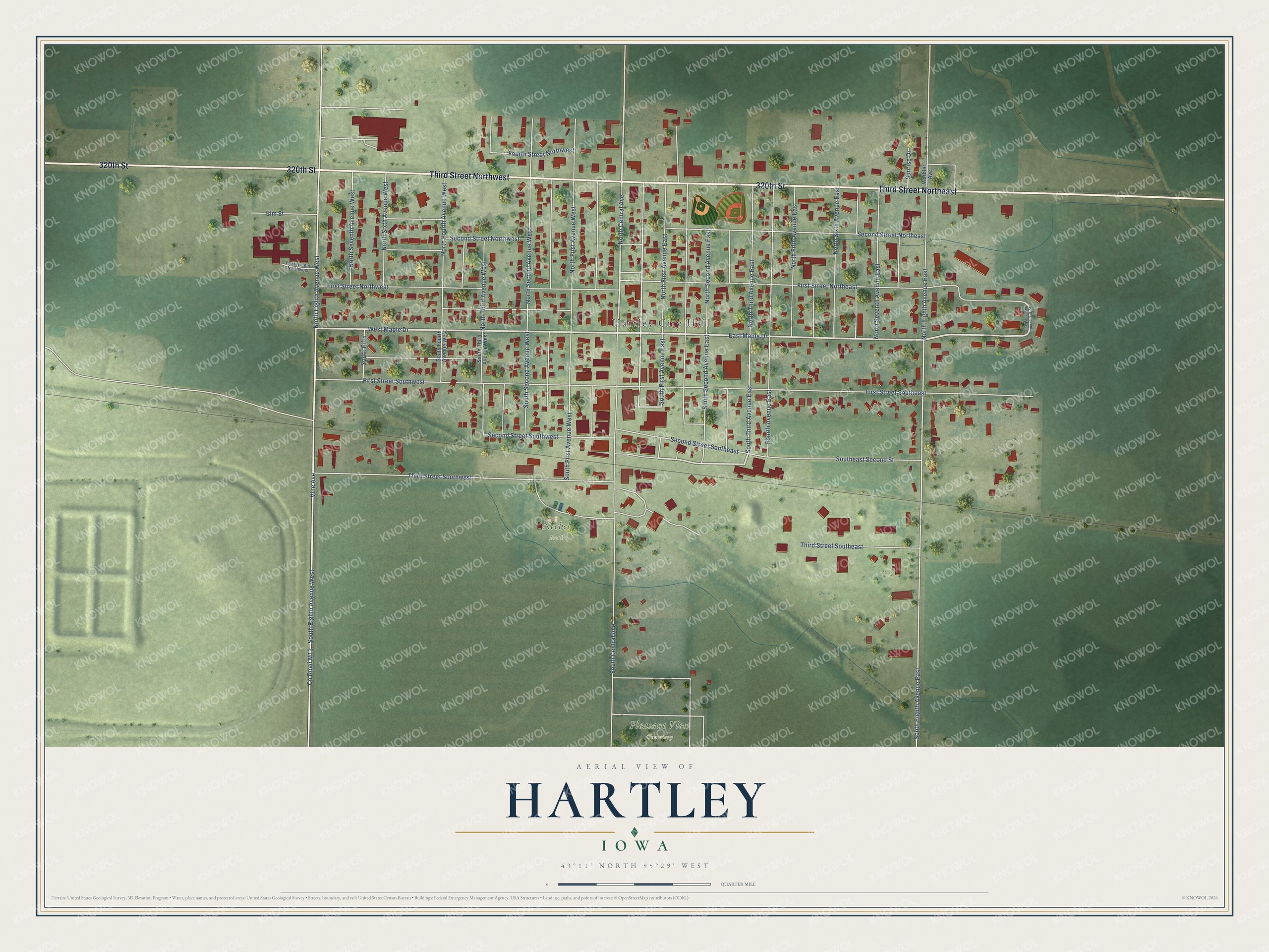 Full map of Hartley, Iowa, with red buildings, printed street names and the land around them