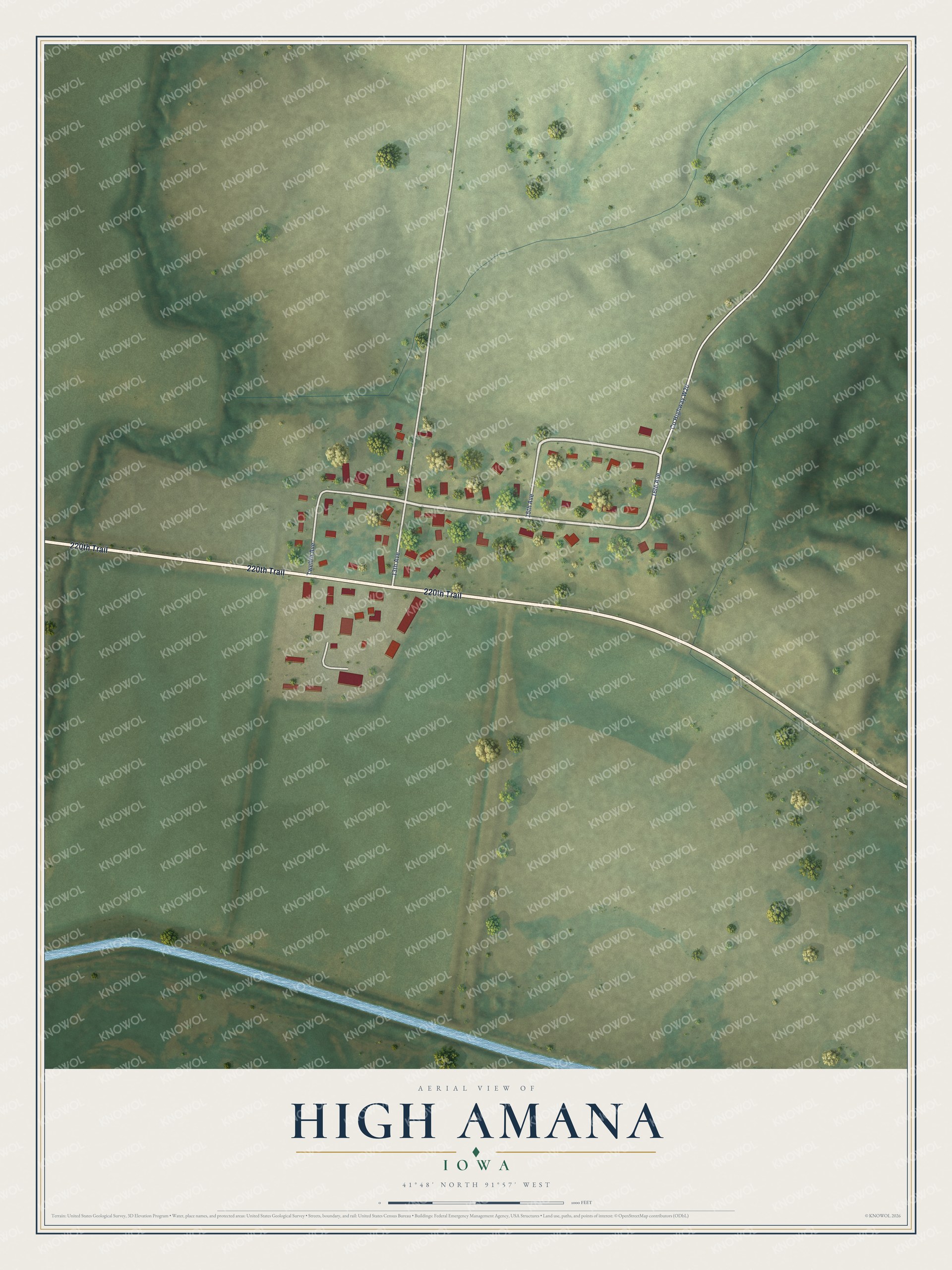 Full map of High Amana, Iowa, with red buildings, printed street names and the land around them