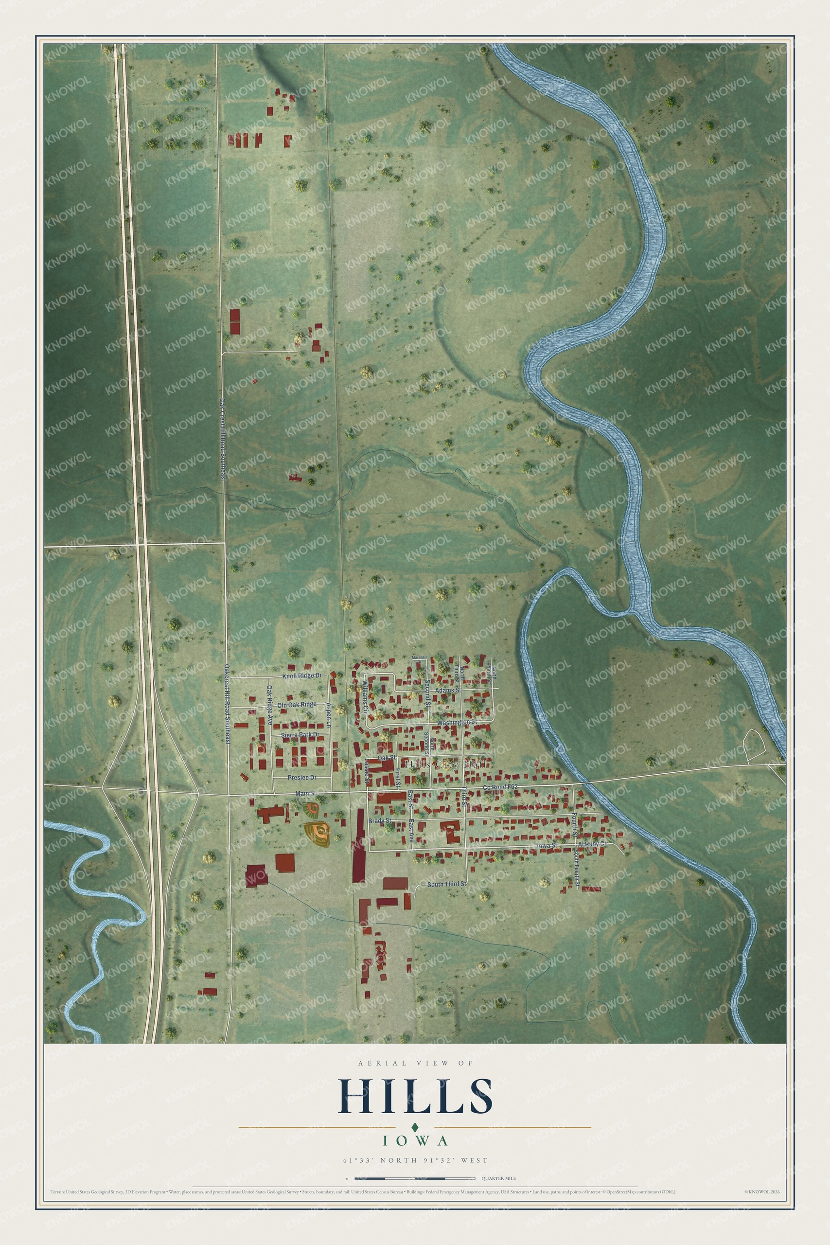 Full map of Hills, Iowa, with red buildings, printed street names and the land around them