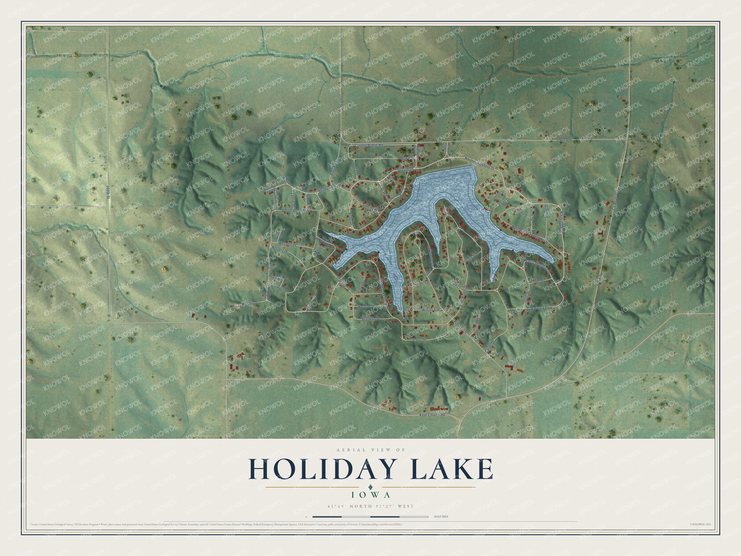 Full map of Holiday Lake, Iowa, with red buildings, printed street names and the land around them