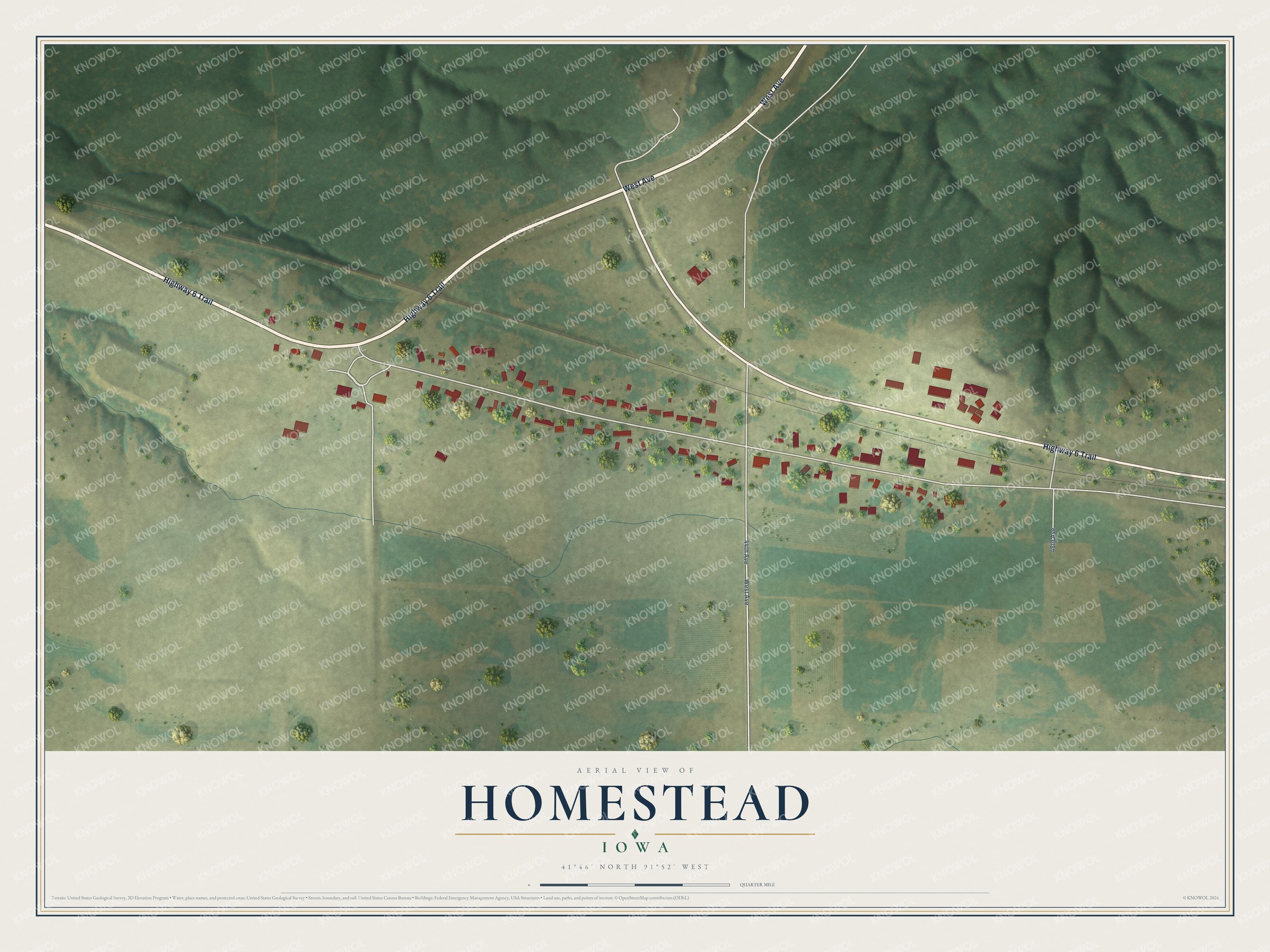Full map of Homestead, Iowa, with red buildings, printed street names and the land around them