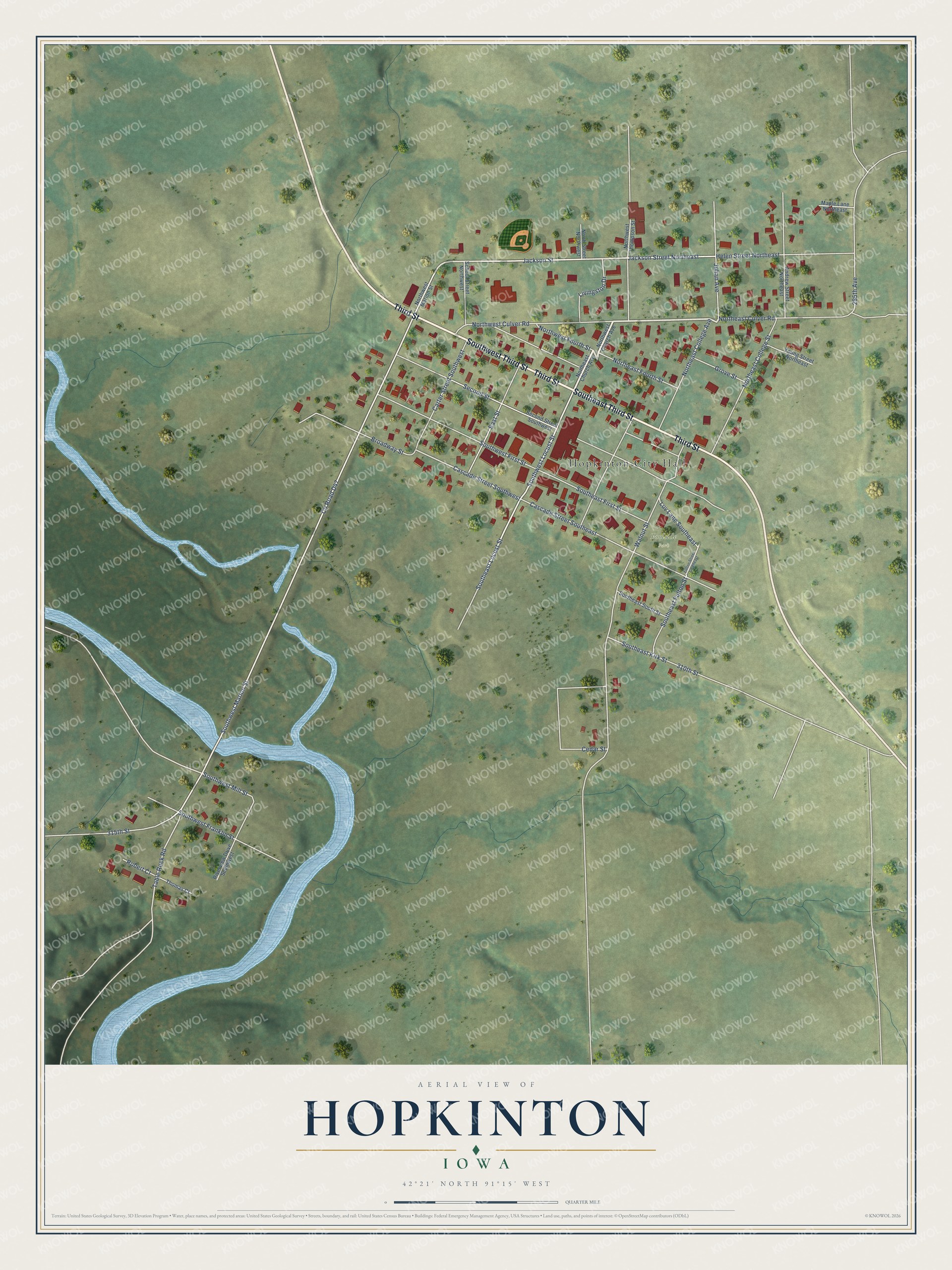 Full map of Hopkinton, Iowa, with red buildings, printed street names and the land around them