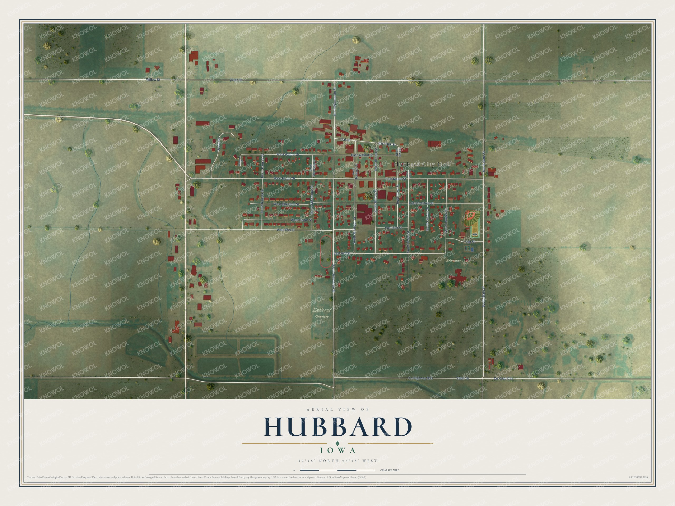Full map of Hubbard, Iowa, with red buildings, printed street names and the land around them