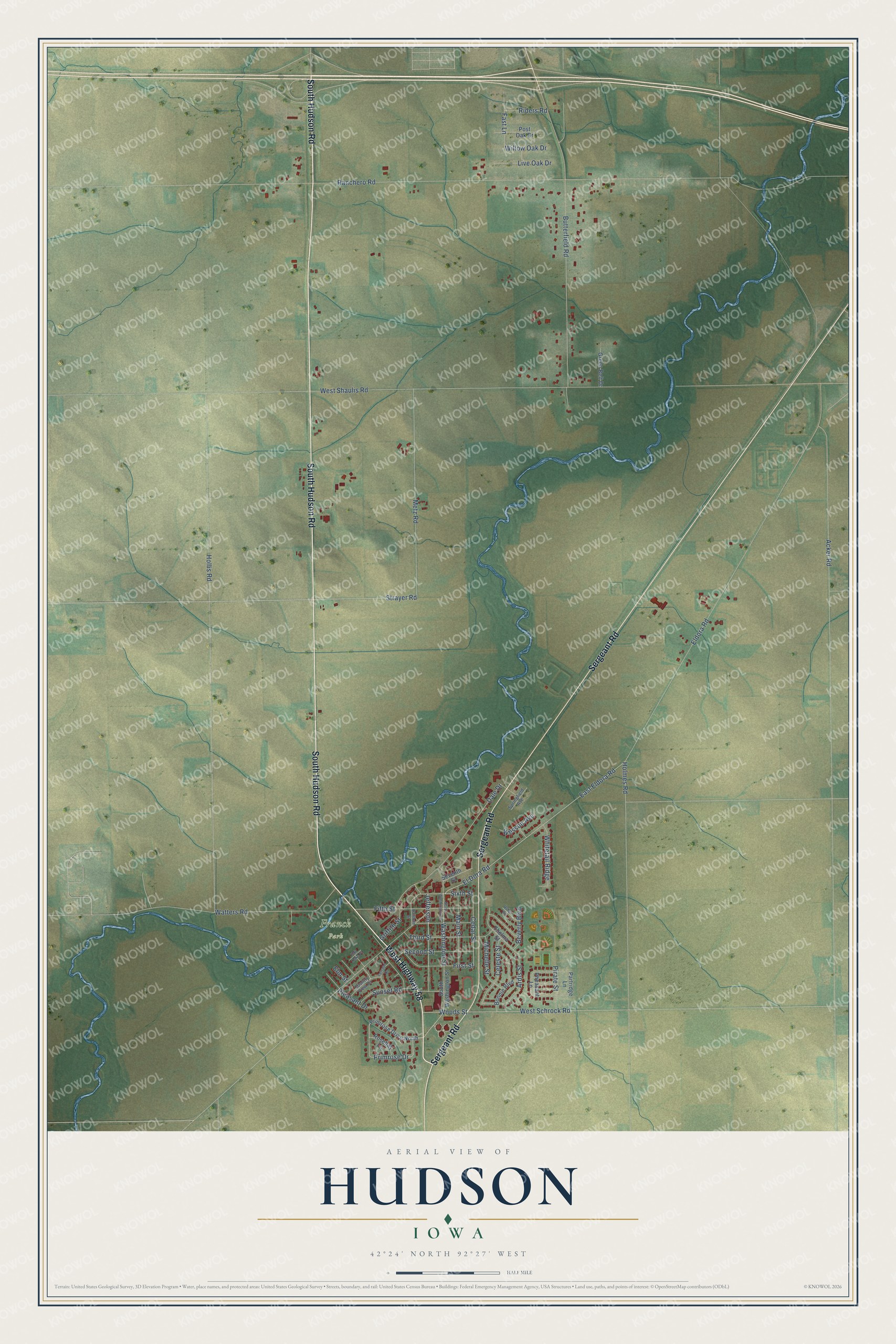 Full map of Hudson, Iowa, with red buildings, printed street names and the land around them