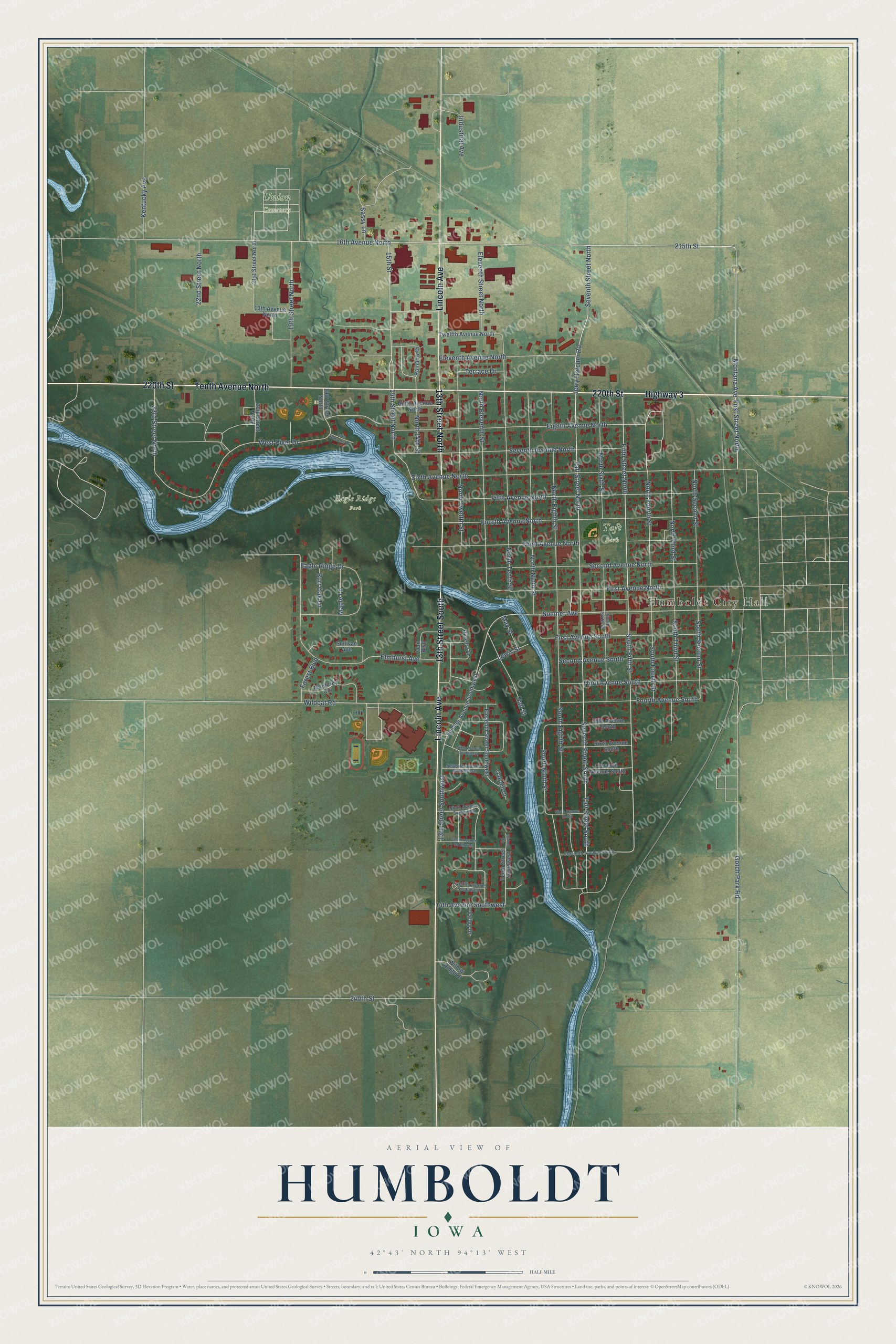 Full map of Humboldt, Iowa, with red buildings, printed street names and the land around them