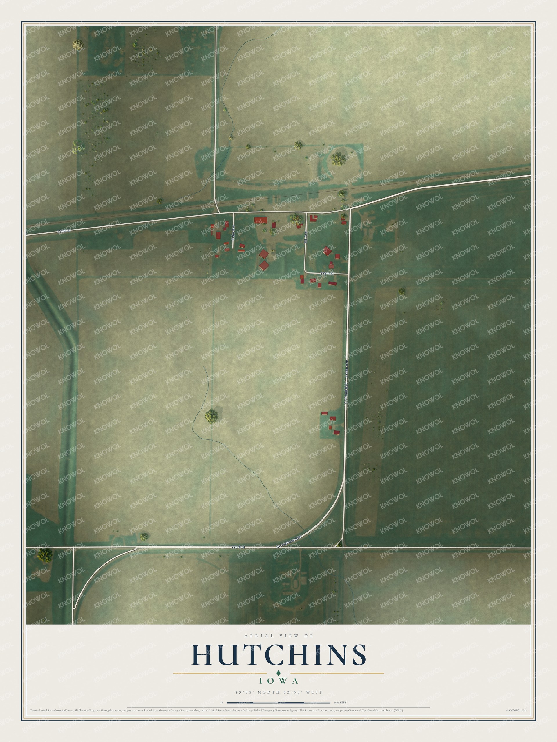 Full map of Hutchins, Iowa, with red buildings, printed street names and the land around them