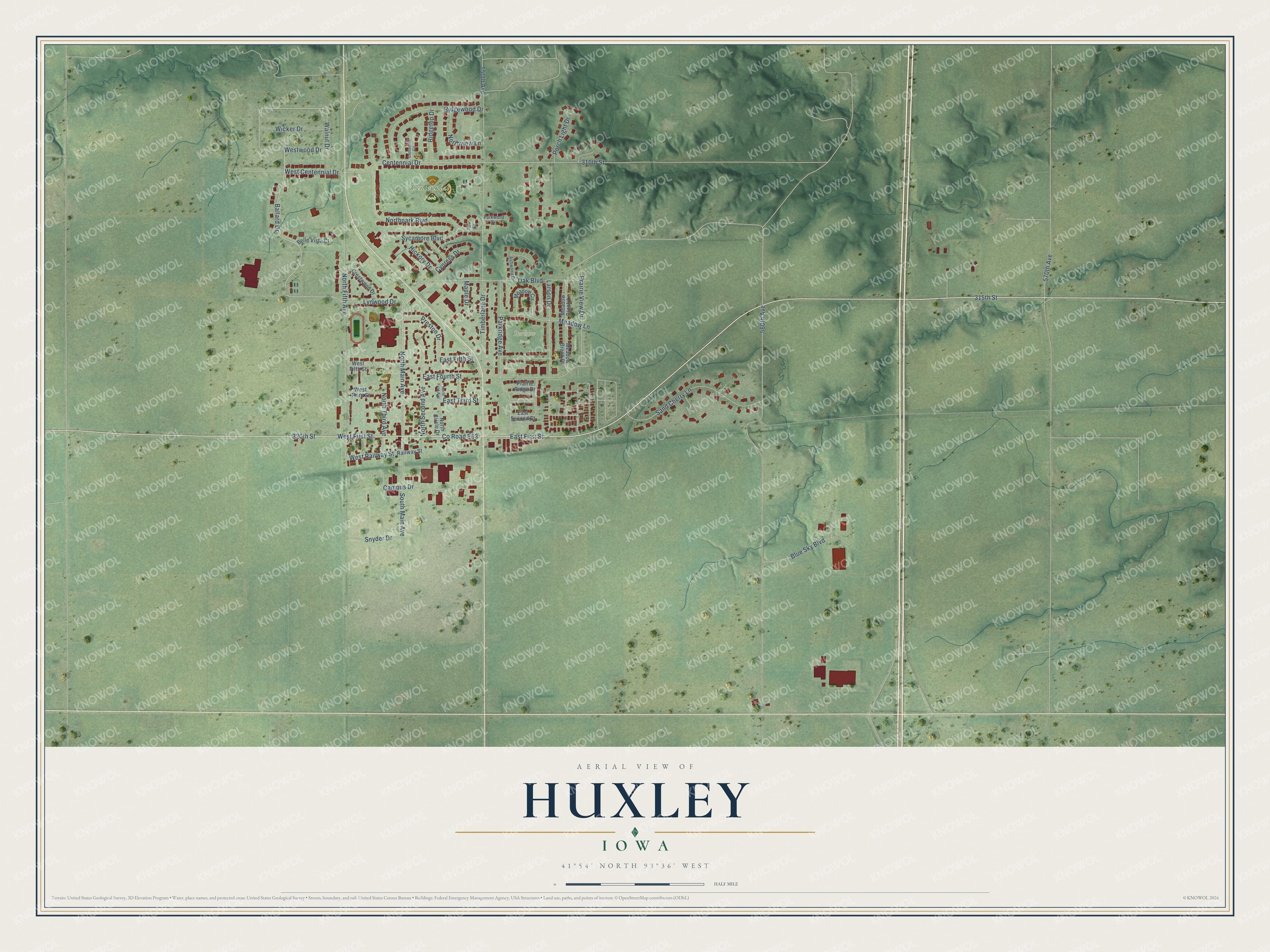 Full map of Huxley, Iowa, with red buildings, printed street names and the land around them