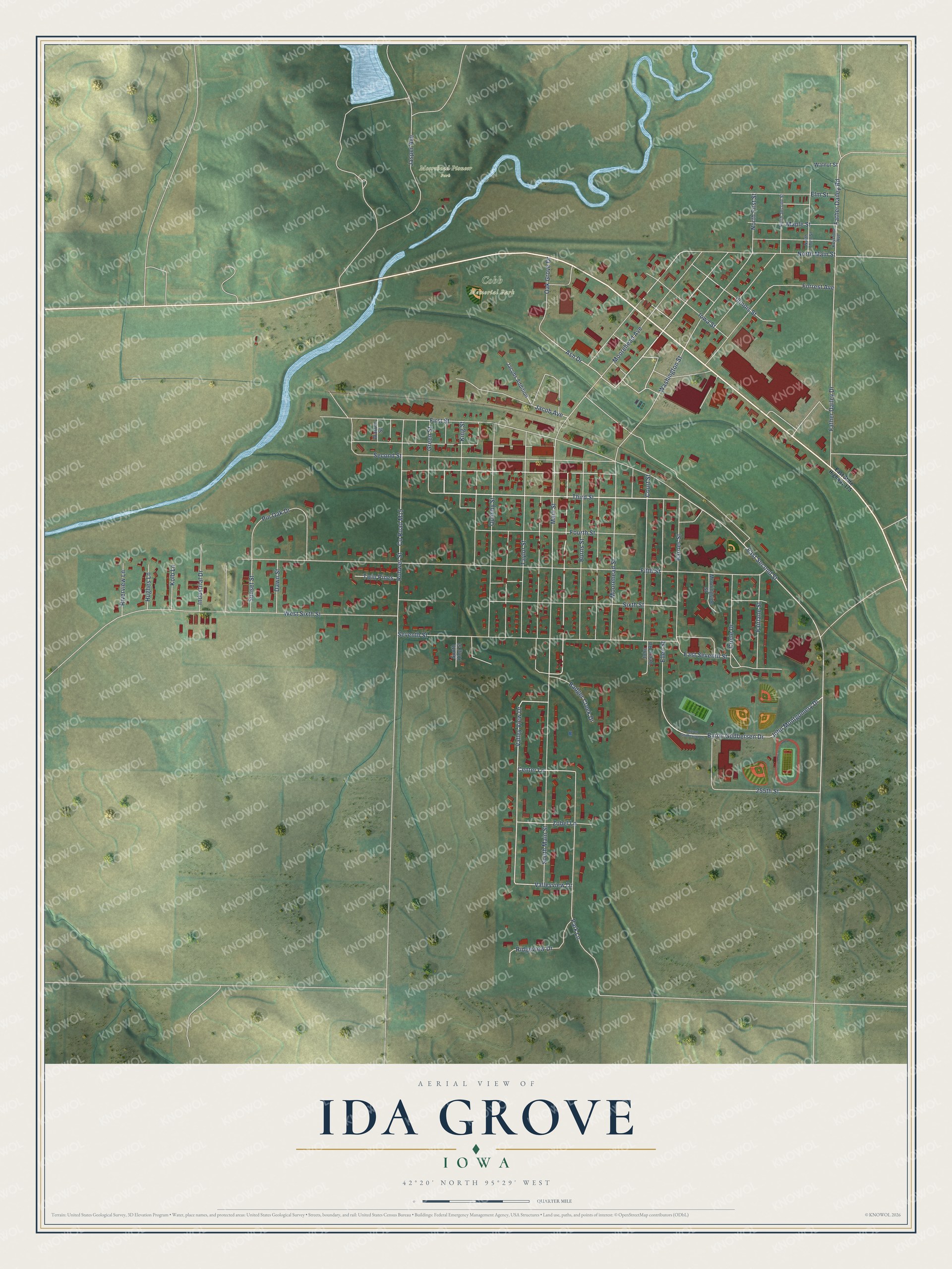 Full map of Ida Grove, Iowa, with red buildings, printed street names and the land around them