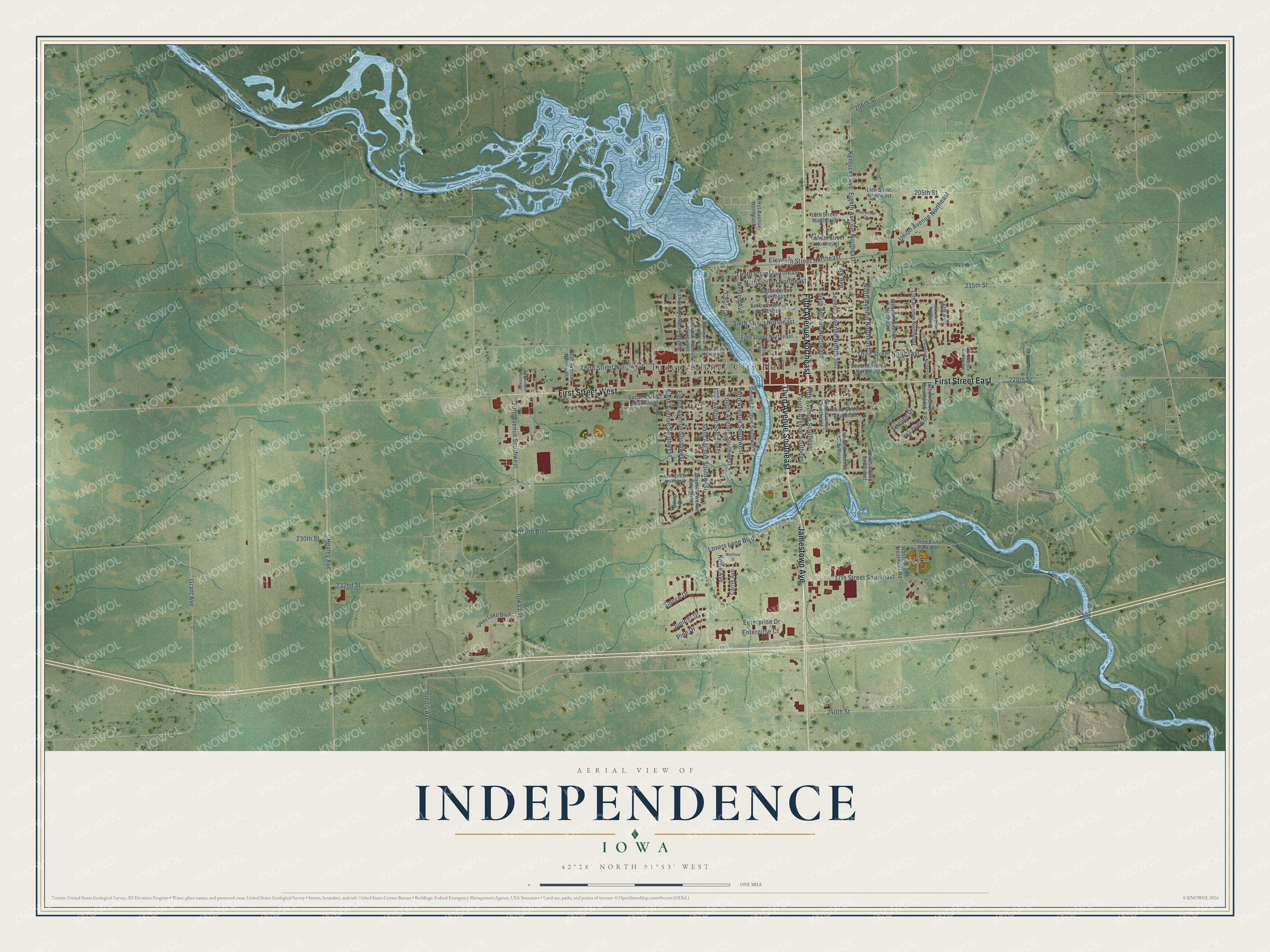 Full map of Independence, Iowa, with red buildings, printed street names and the land around them