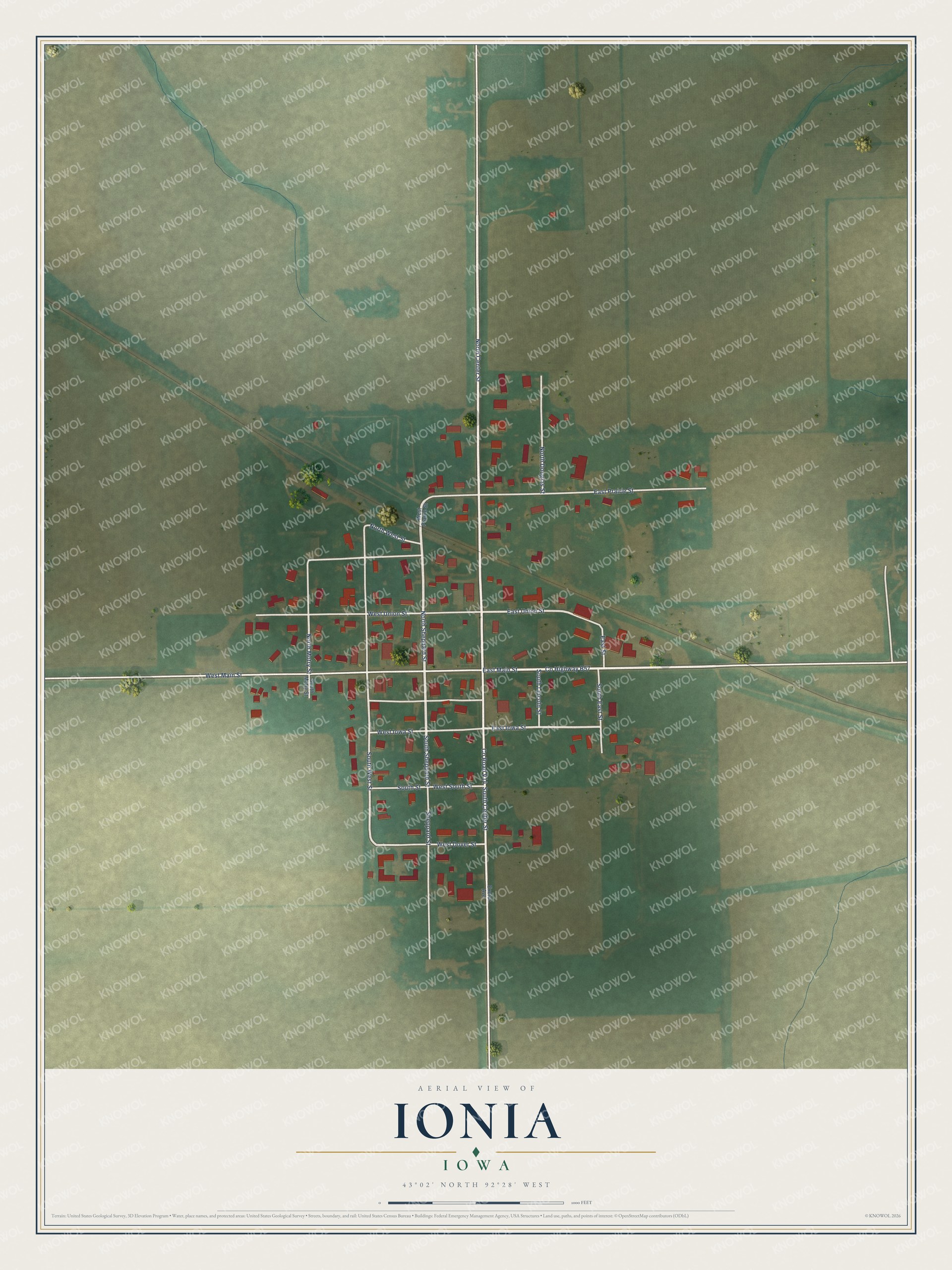 Full map of Ionia, Iowa, with red buildings, printed street names and the land around them