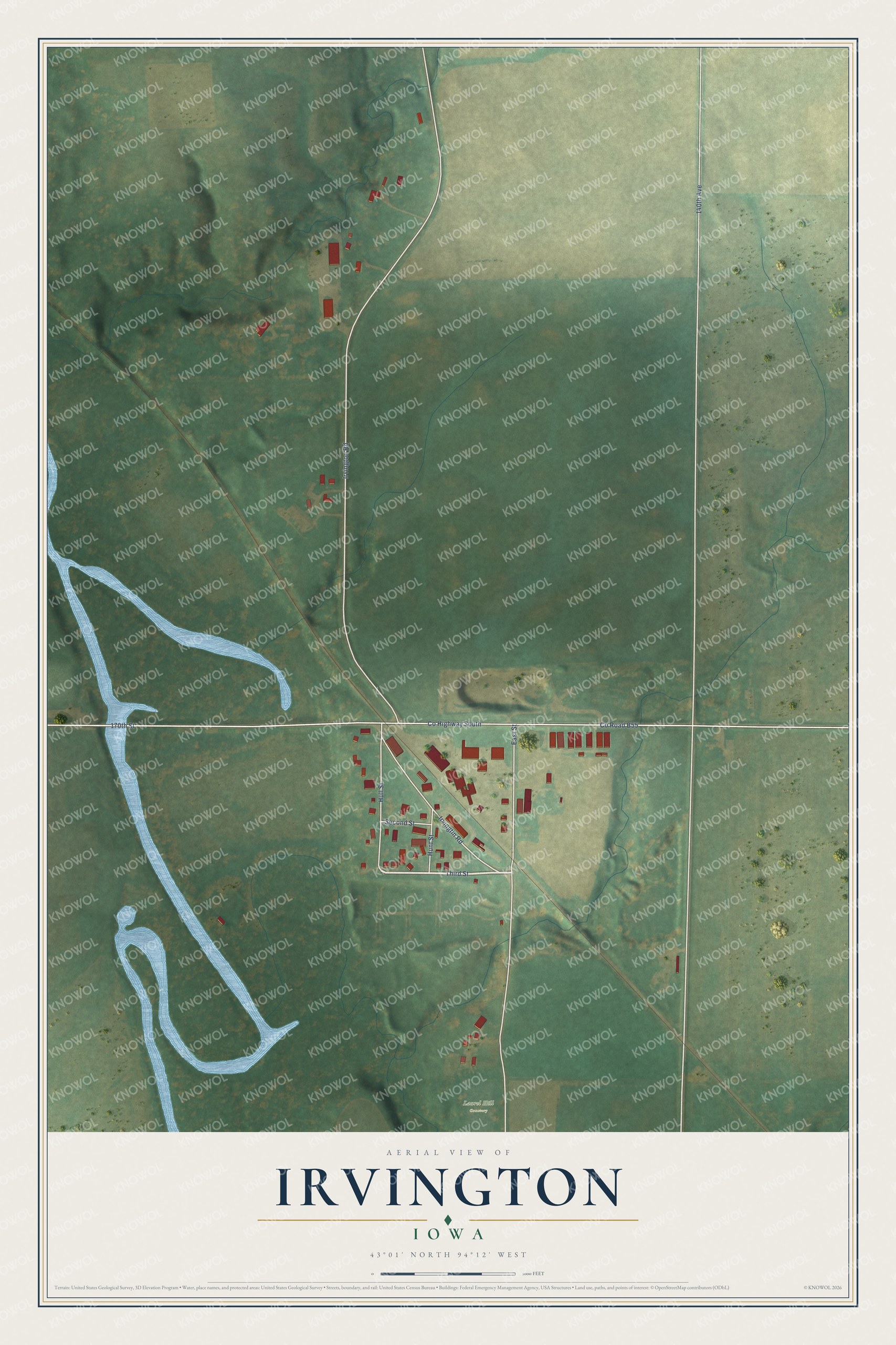 Full map of Irvington, Iowa, with red buildings, printed street names and the land around them