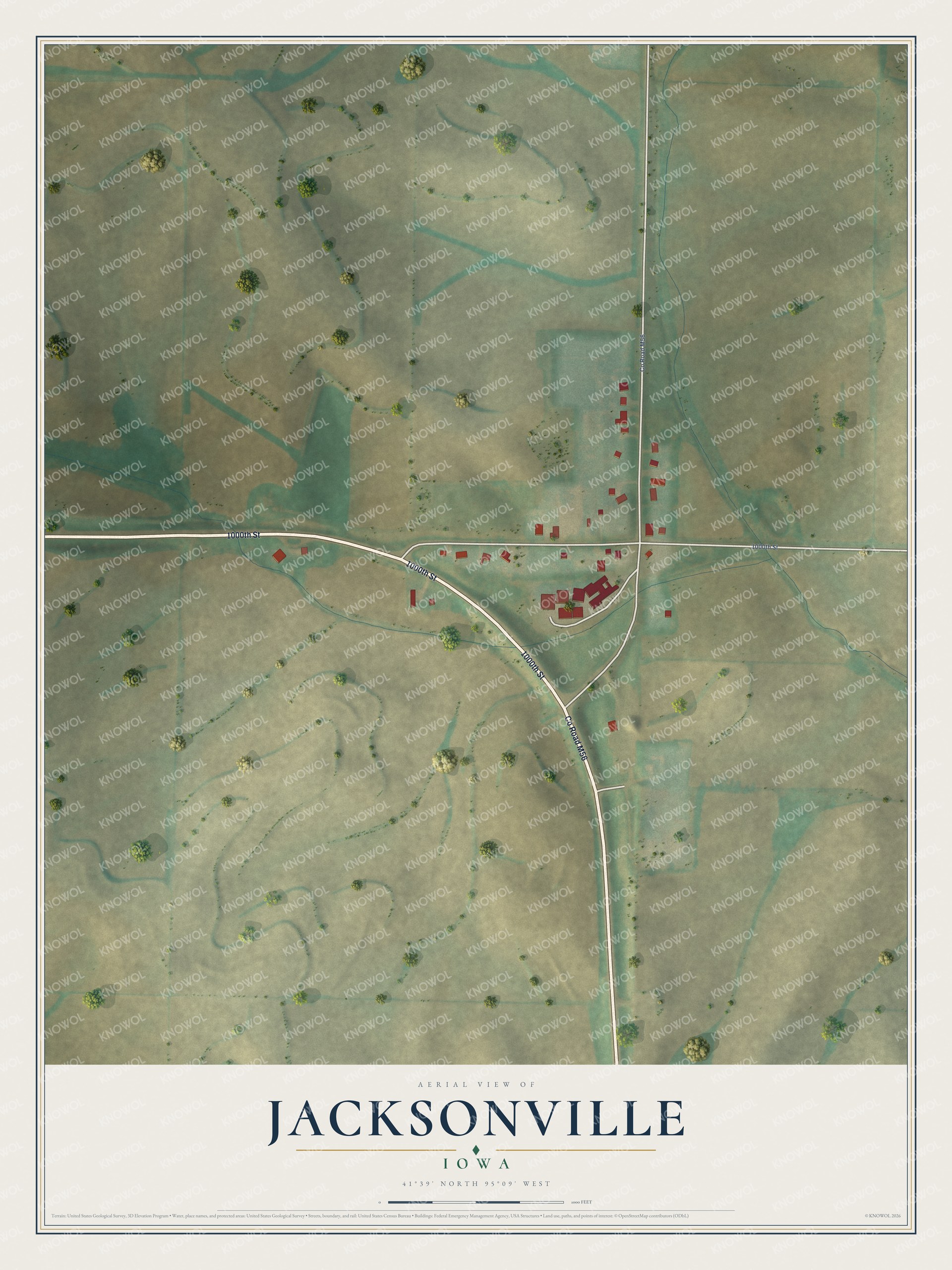 Full map of Jacksonville, Iowa, with red buildings, printed street names and the land around them