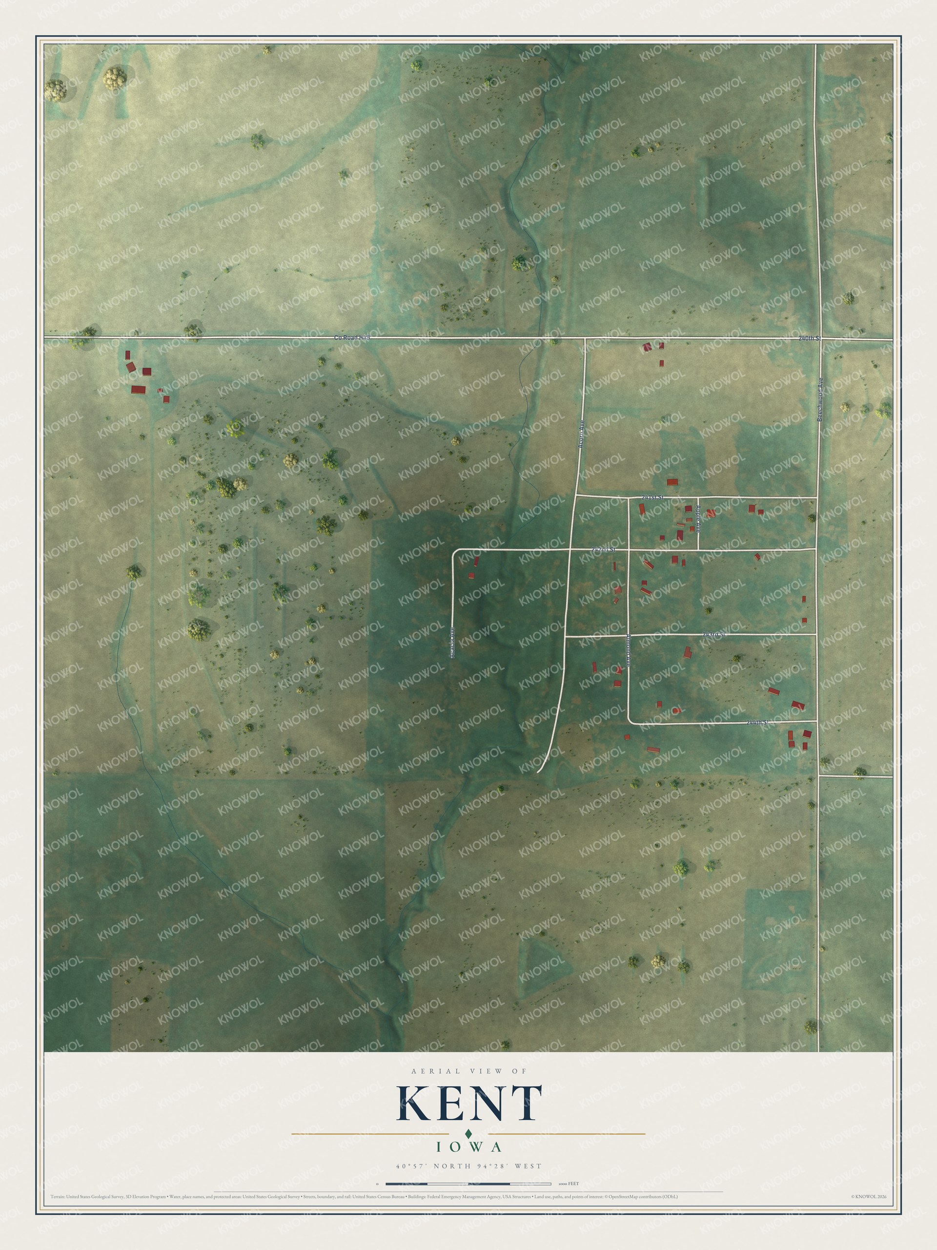 Full map of Kent, Iowa, with red buildings, printed street names and the land around them